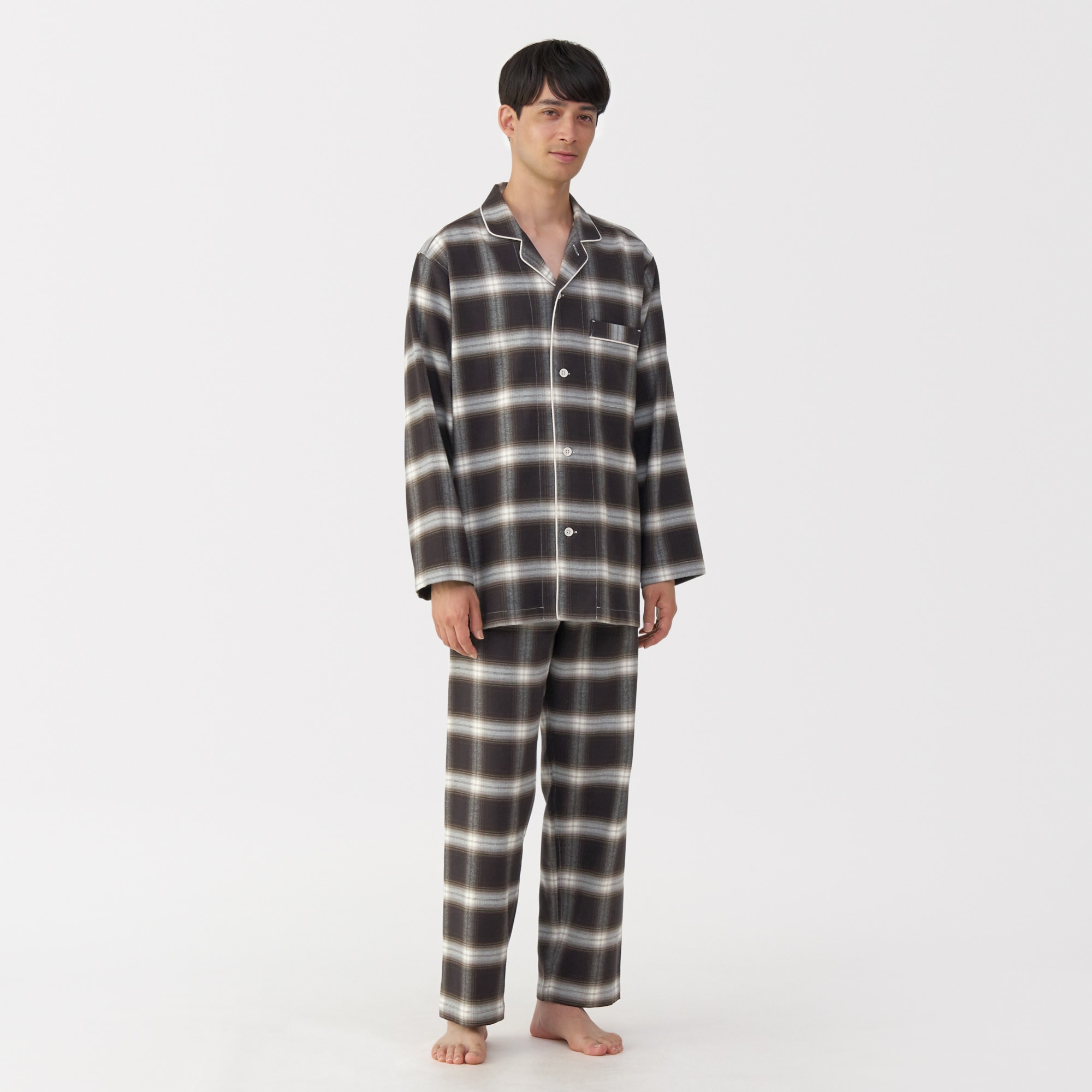 紳士　脇に縫い目のない　フランネル長袖パジャマ