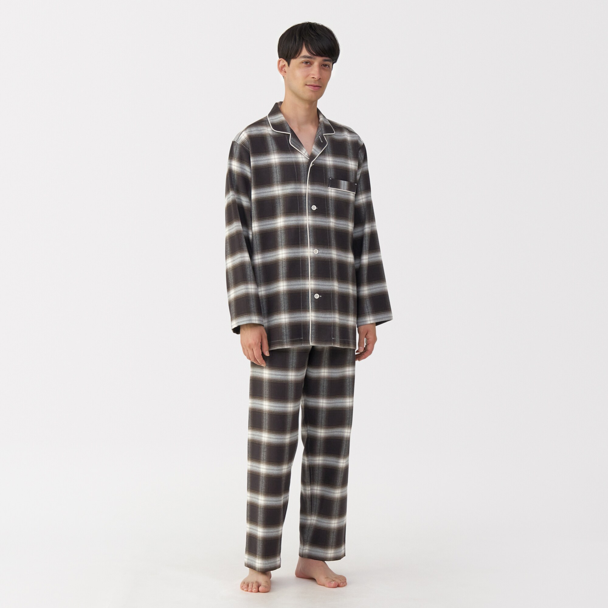 紳士　脇に縫い目のない　フランネル長袖パジャマ