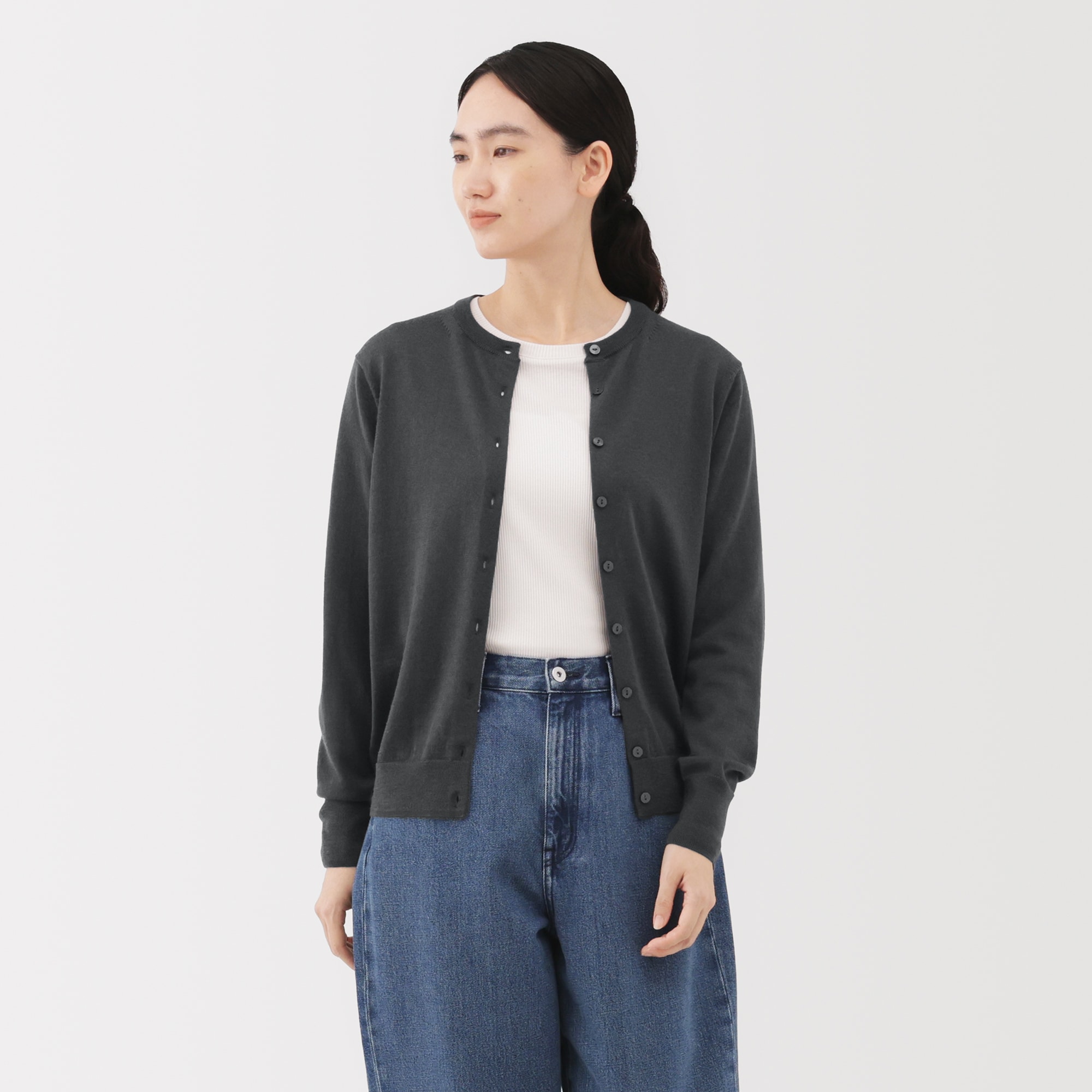 婦人　洗えるウールハイゲージクルーネックカーディガン