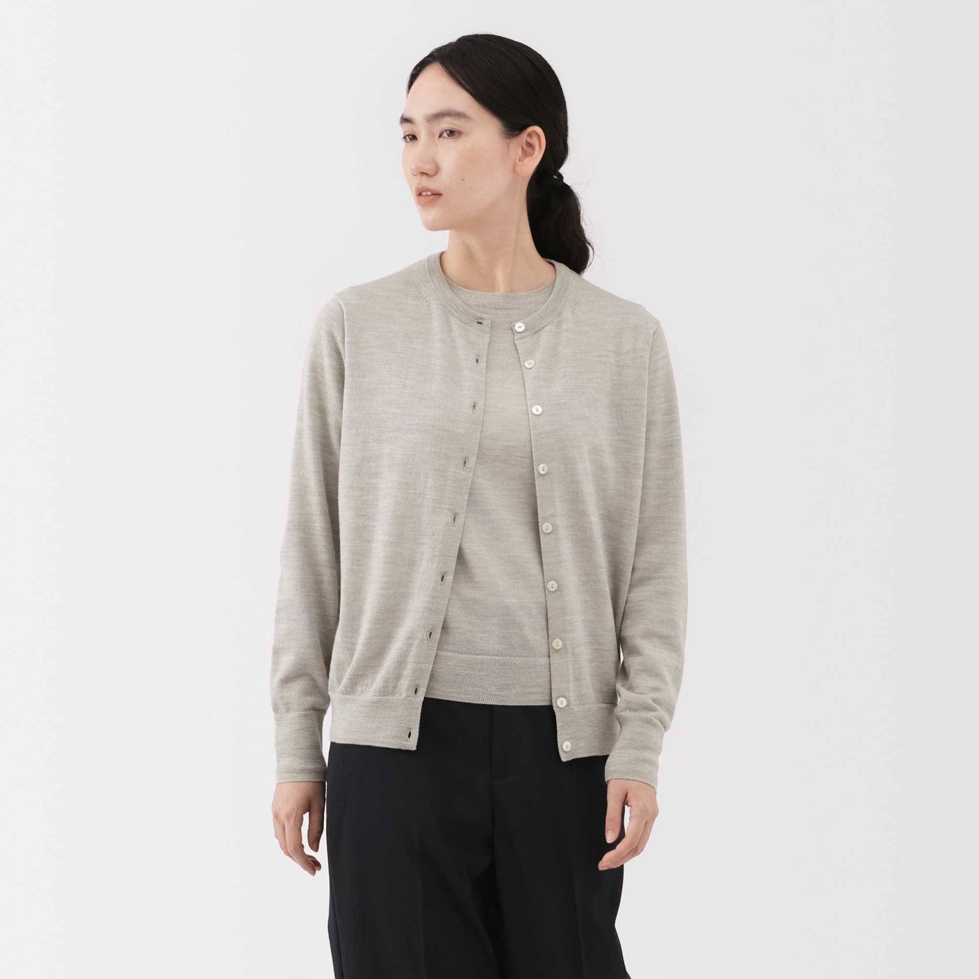 婦人　洗えるウールハイゲージクルーネックカーディガン