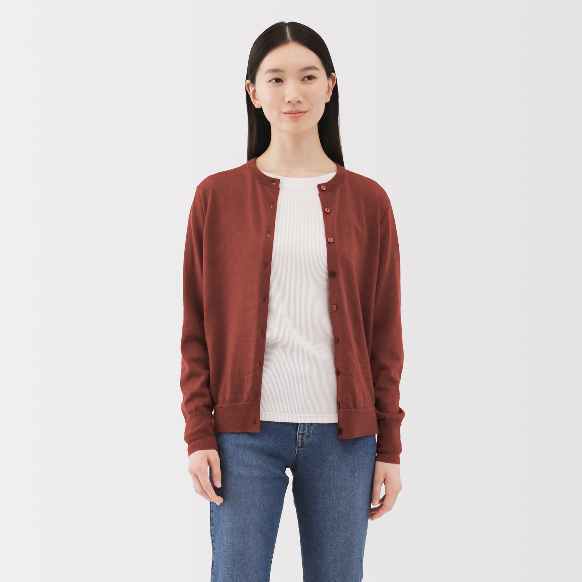 婦人　洗えるウールハイゲージクルーネックカーディガン