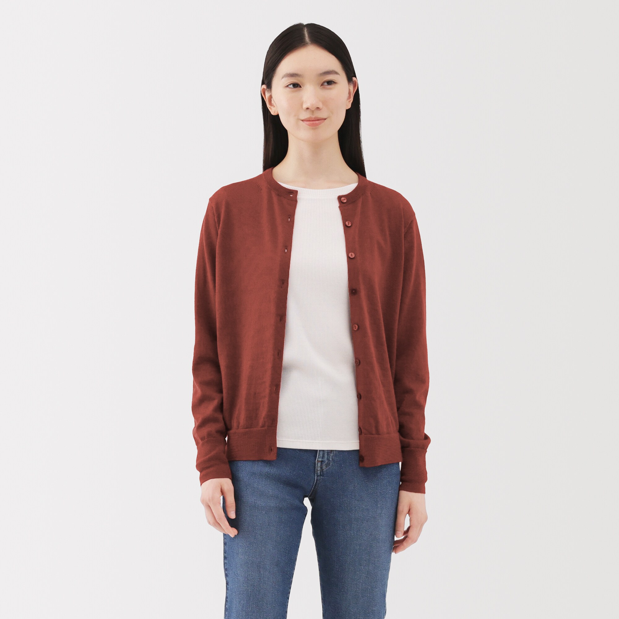 婦人　洗えるウールハイゲージクルーネックカーディガン