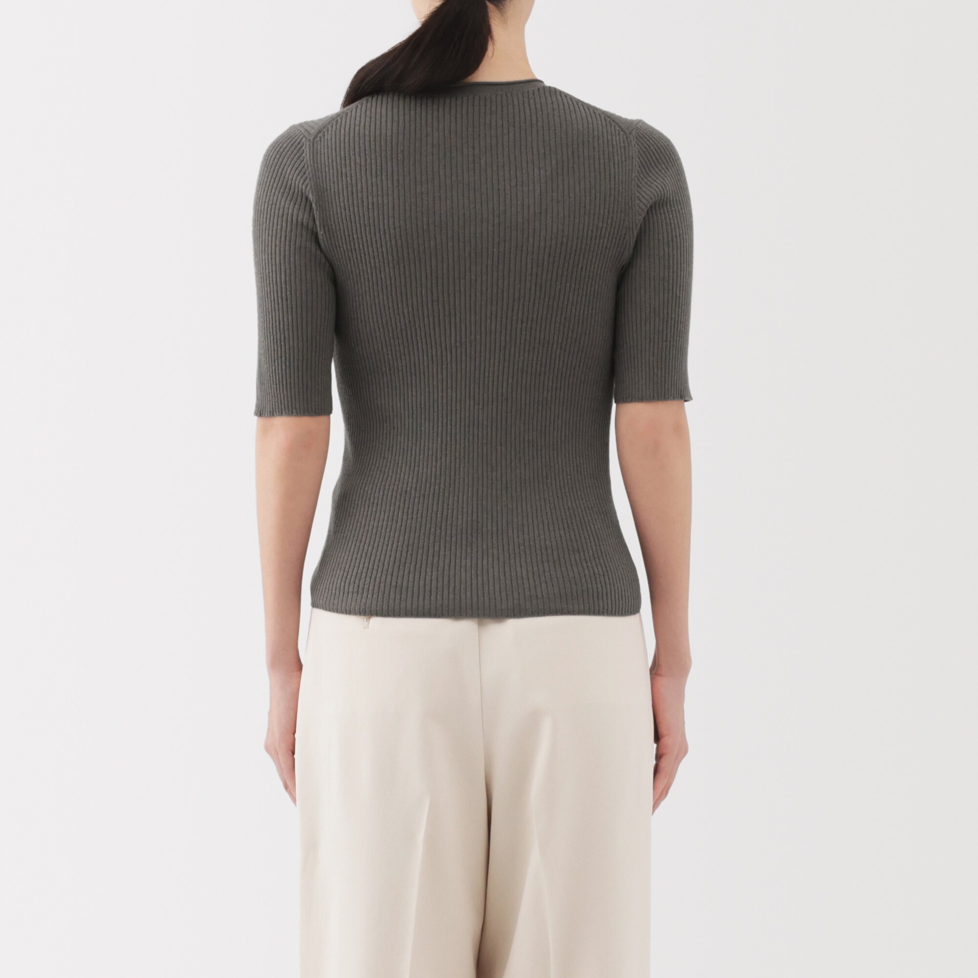 婦人　なめらかリブ編み五分袖セーター