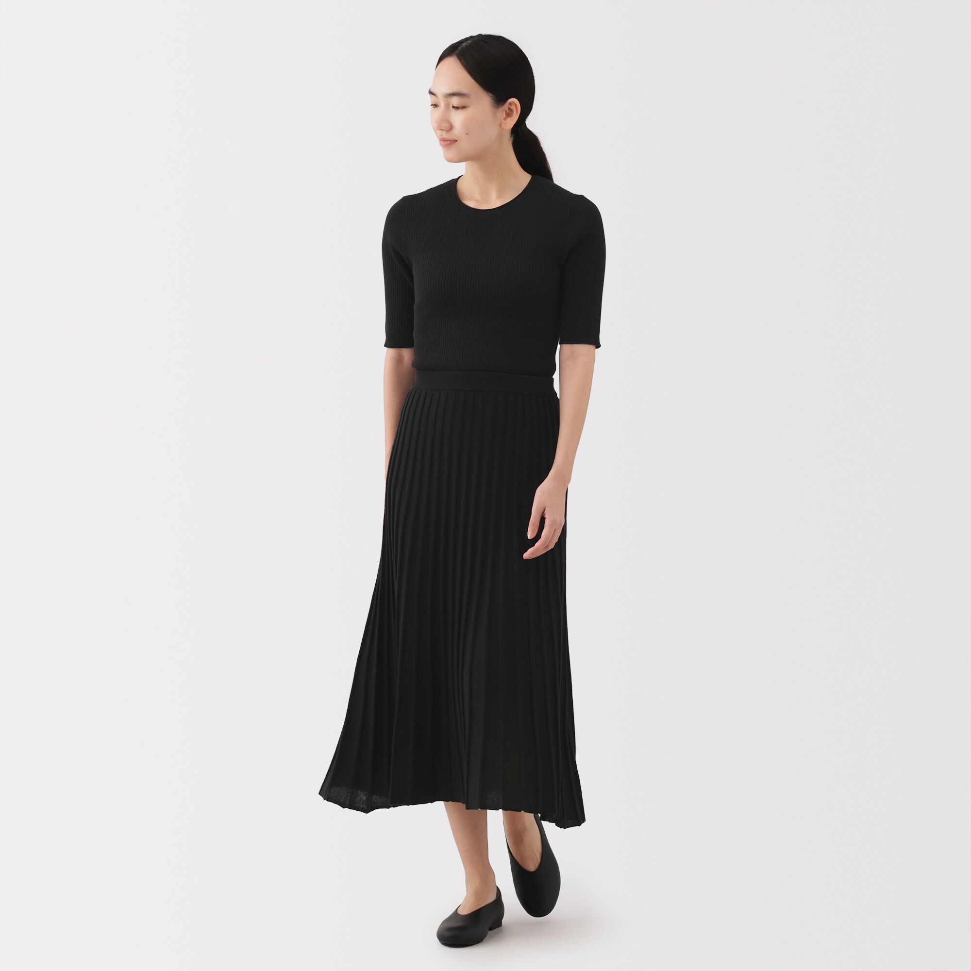 婦人　なめらかリブ編み五分袖セーター