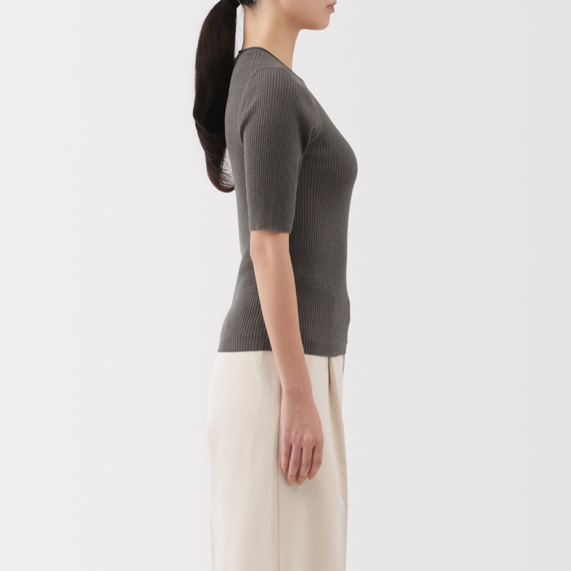 婦人　なめらかリブ編み五分袖セーター