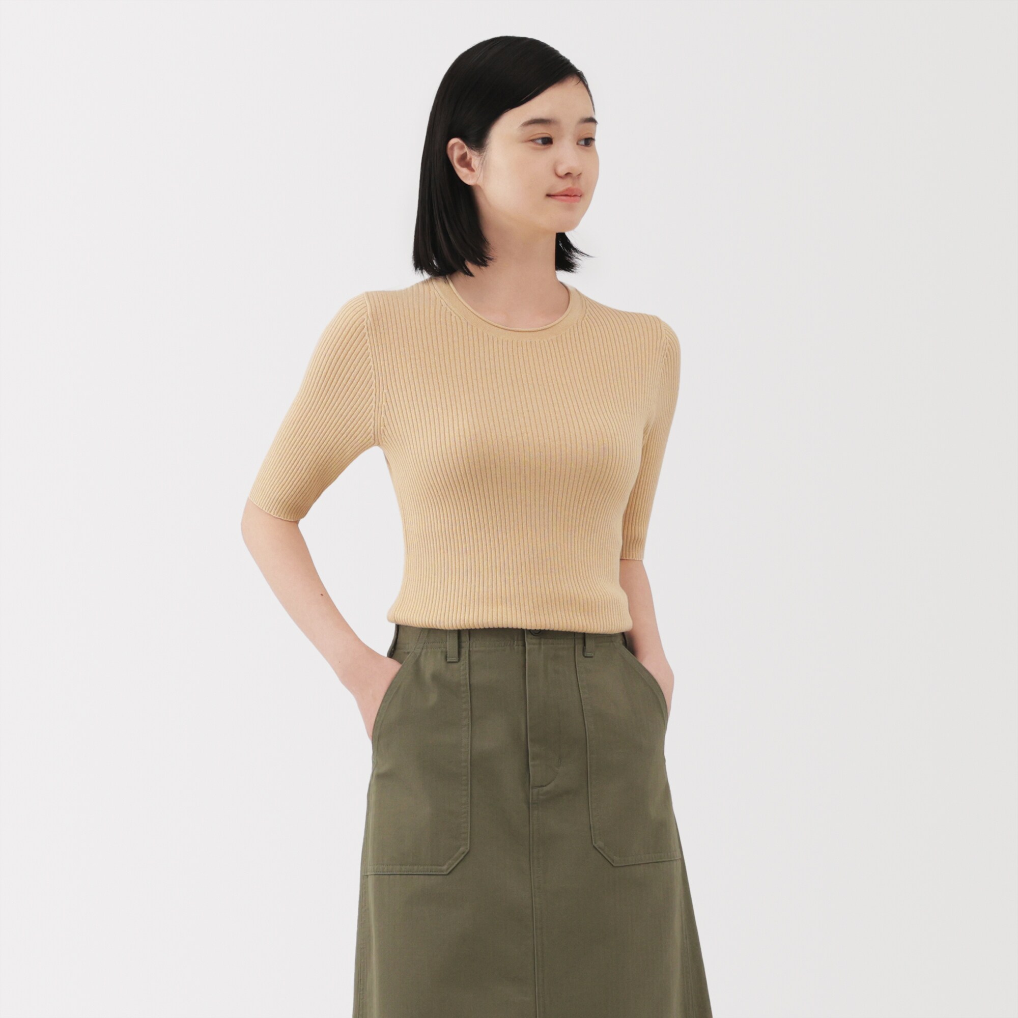 婦人　なめらかリブ編み五分袖セーター