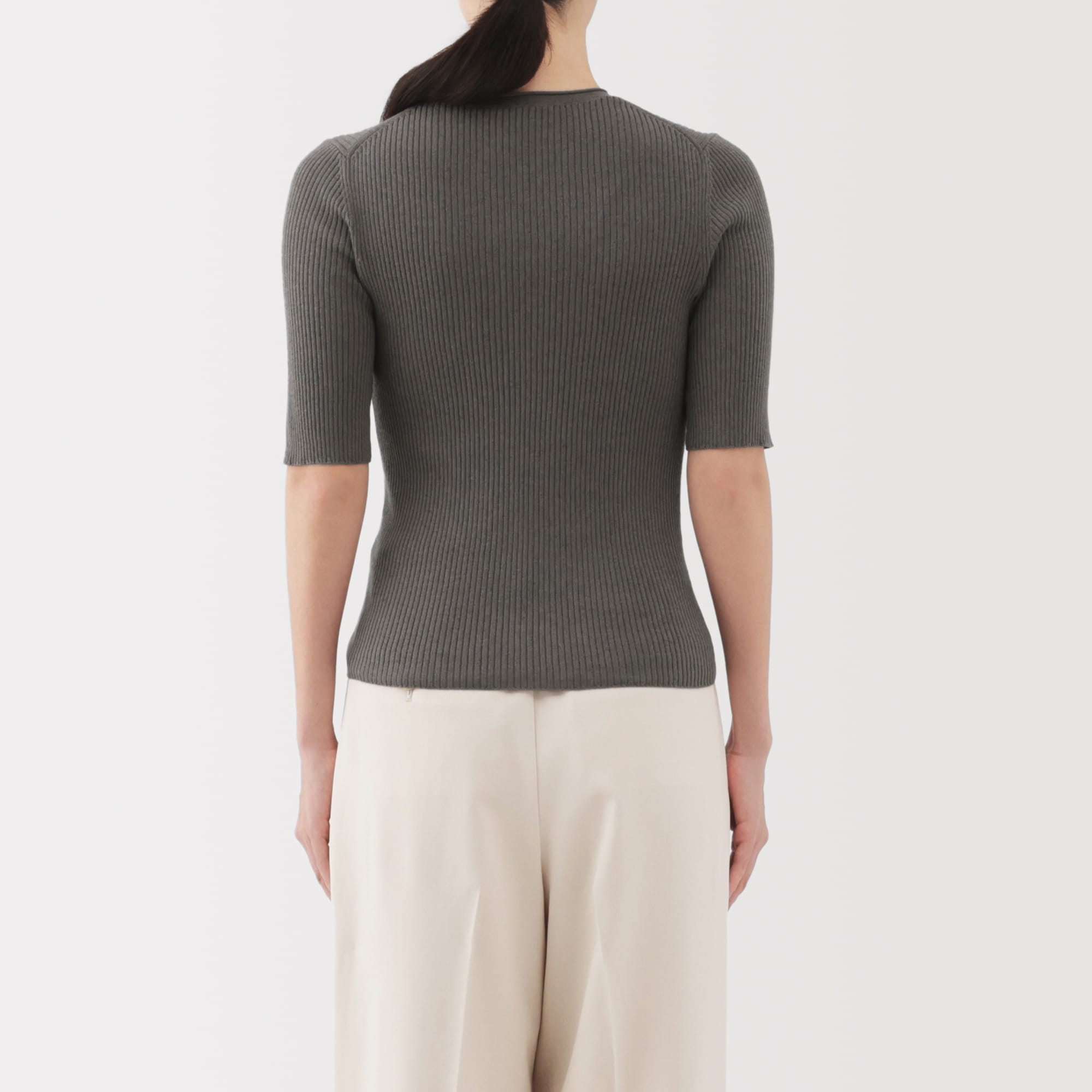 婦人　なめらかリブ編み五分袖セーター