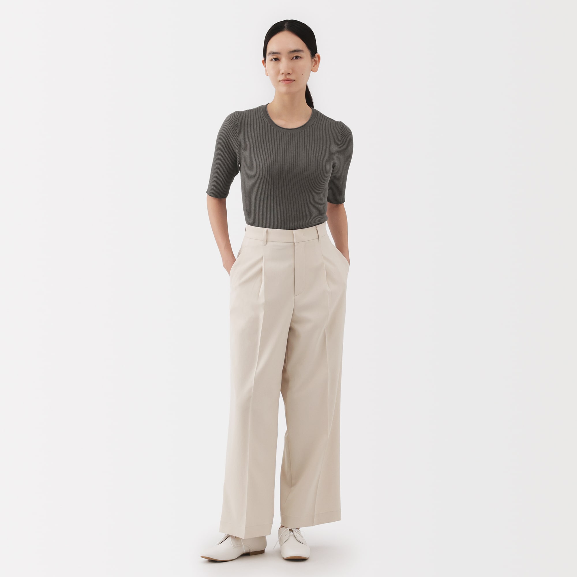 婦人　なめらかリブ編み五分袖セーター