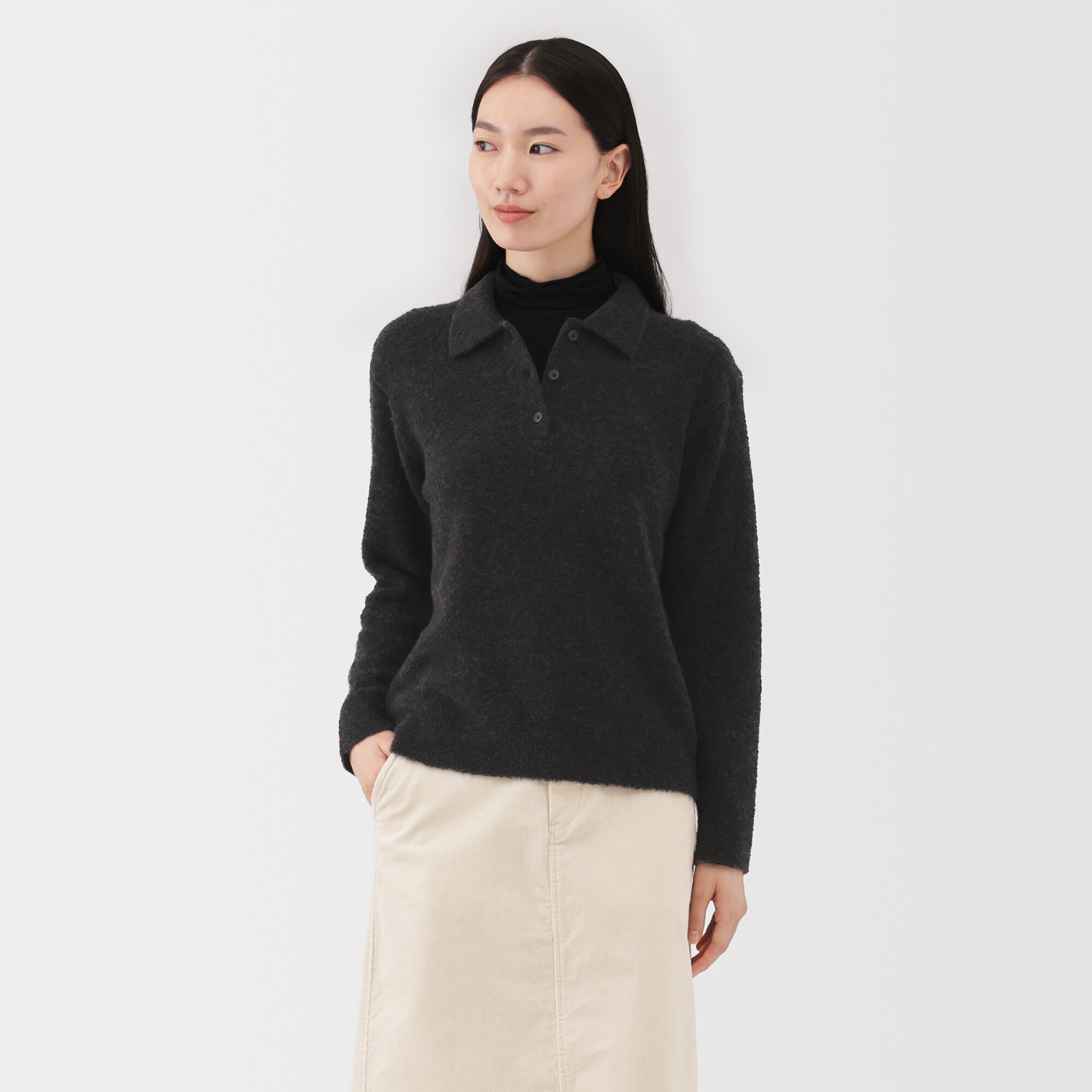 婦人　ウール混ブークレポロセーター