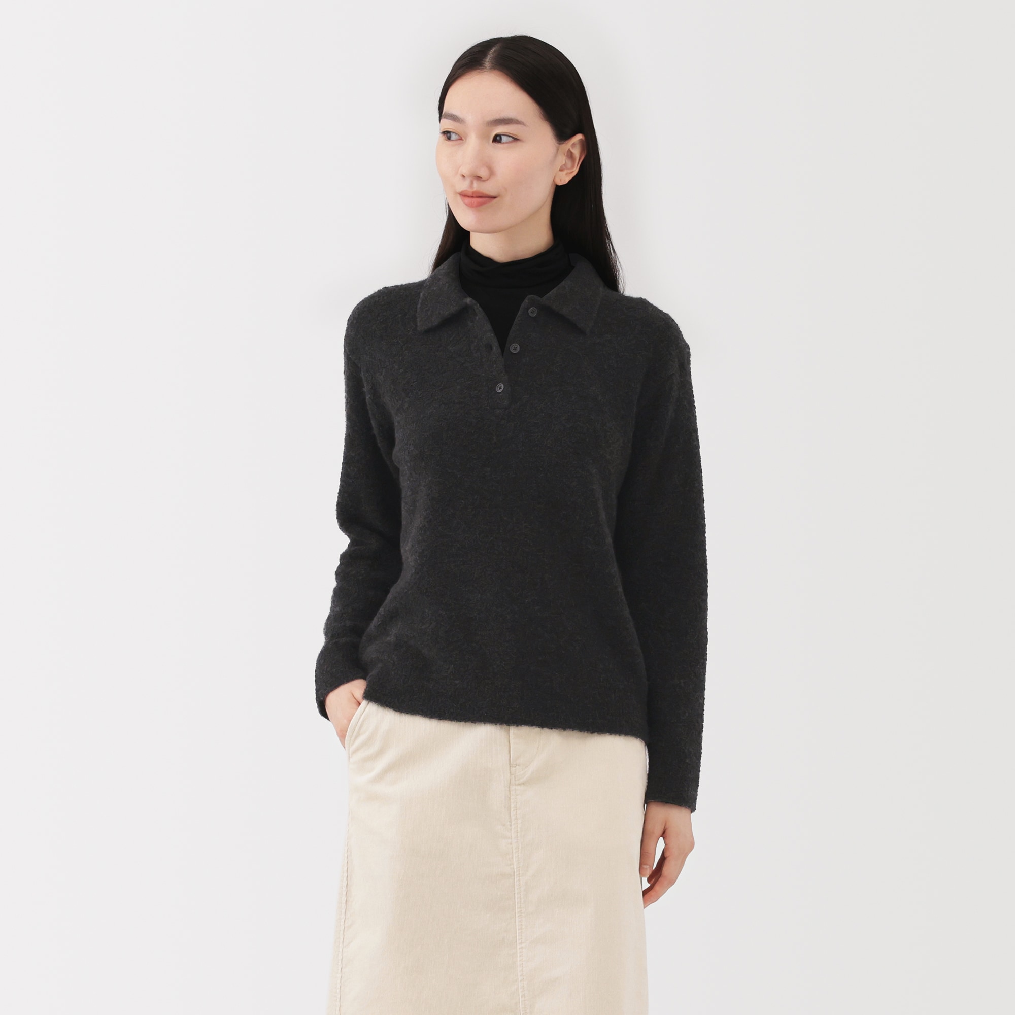 婦人　ウール混ブークレポロセーター