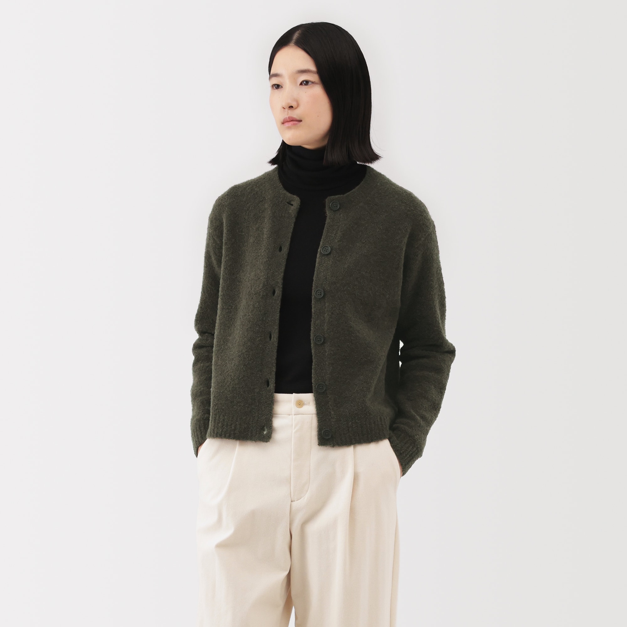 婦人 ウール混ブークレクルーネックカーディガン | 無印良品