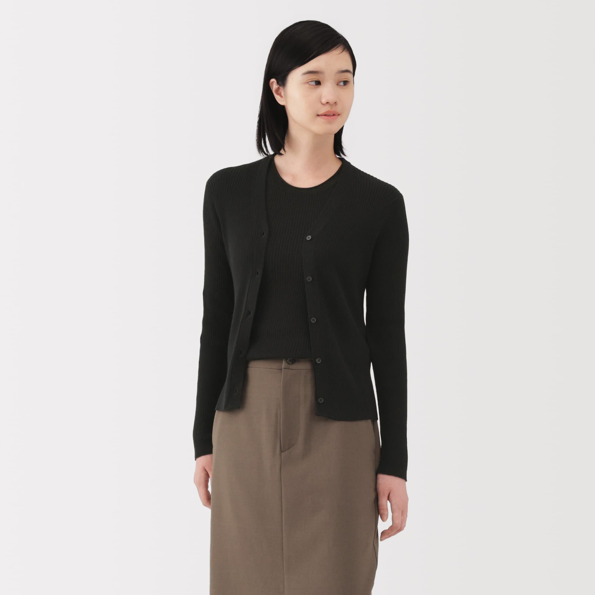 リブ編み ブラック Vネック カーディガン 婦人 なめらかリブ編みVネックカーディガン | 無印良品