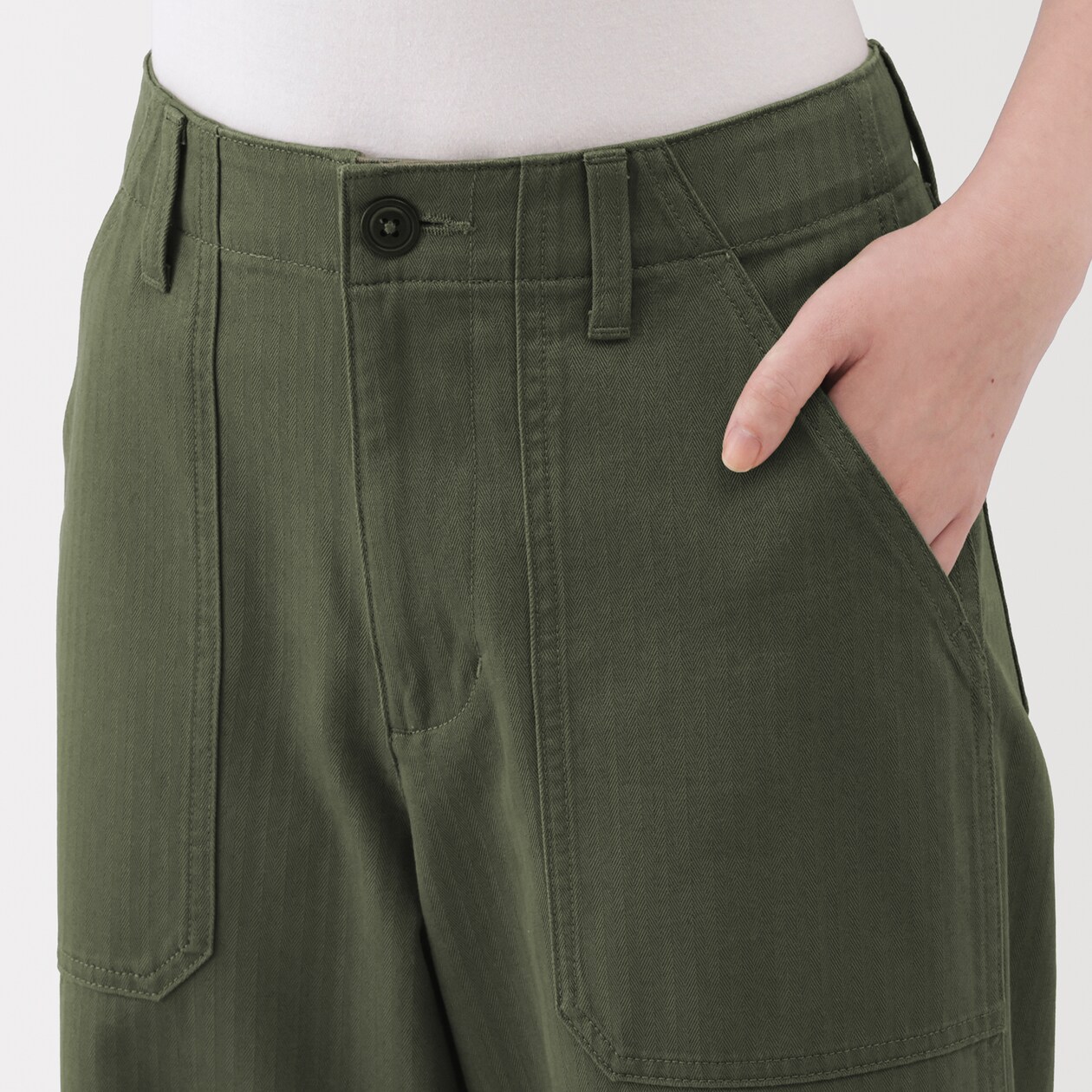 婦人　洗いざらし　ヘリンボーンベイカーストレートパンツ