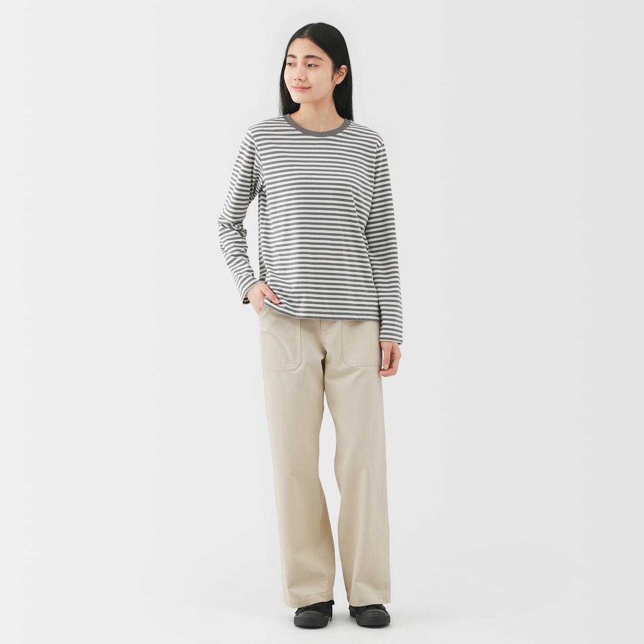 婦人　洗いざらし　ヘリンボーンベイカーストレートパンツ