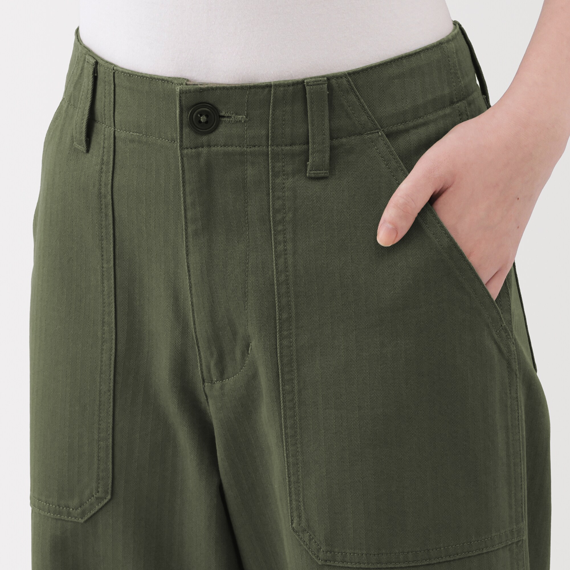 婦人　洗いざらし　ヘリンボーンベイカーストレートパンツ