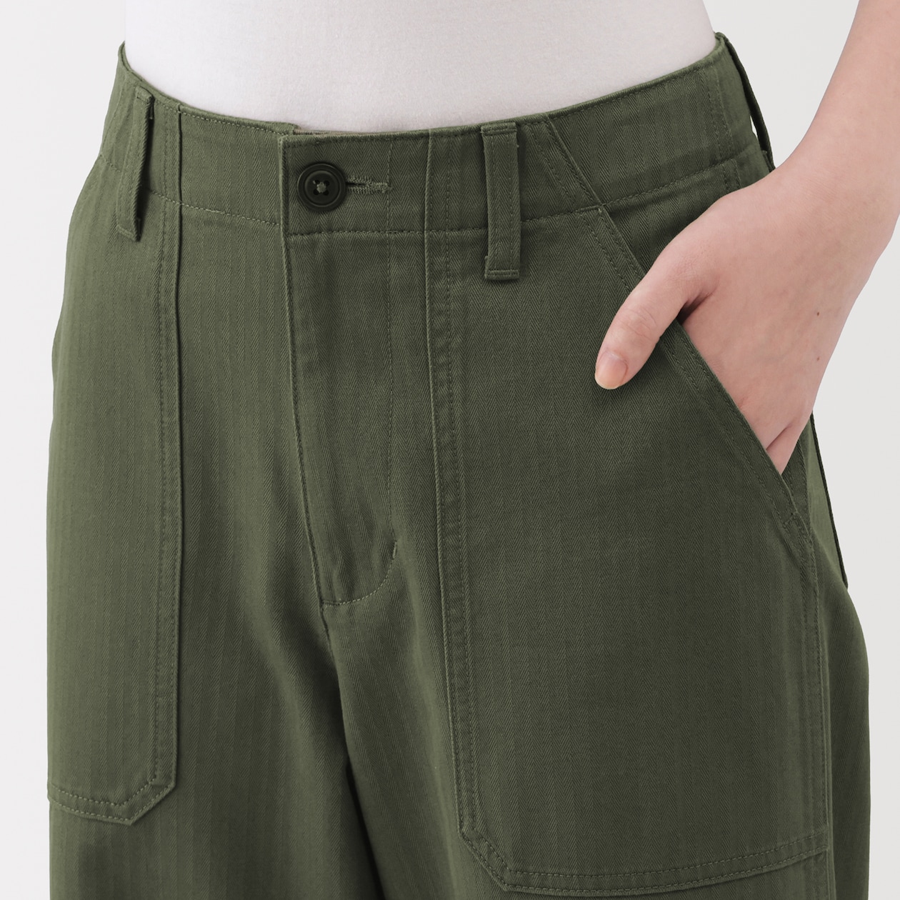 婦人　洗いざらし　ヘリンボーンベイカーストレートパンツ