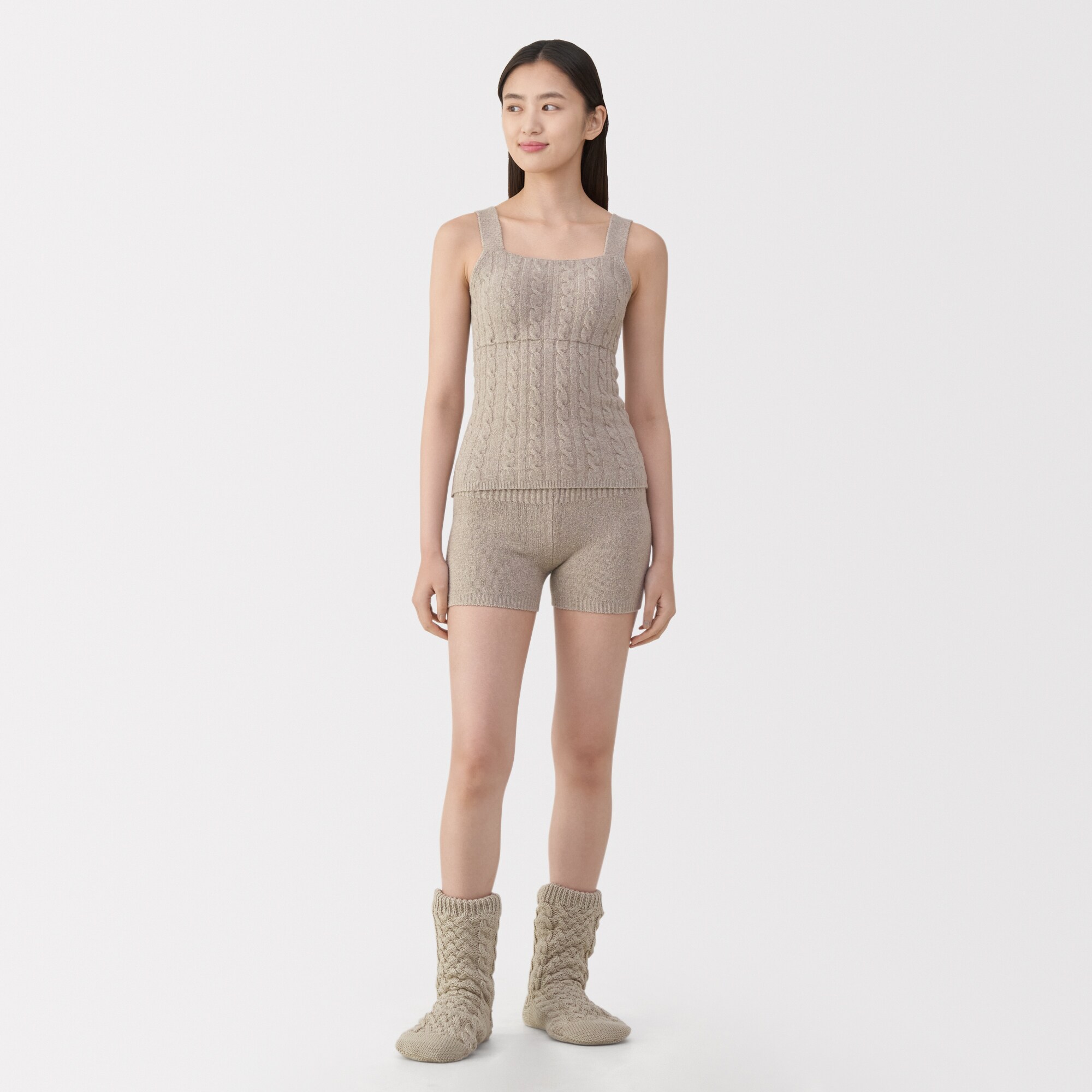 婦人　コットン混もこもこニットブラタンクトップ　ケーブル柄