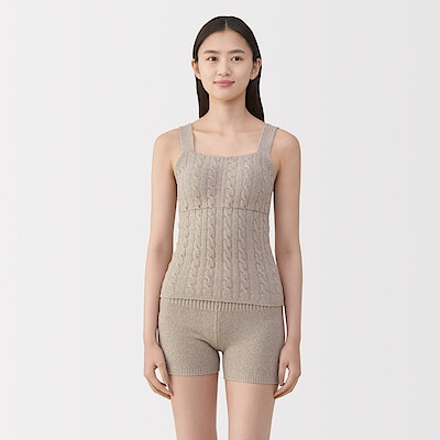 婦人　コットン混もこもこニットブラタンクトップ　ケーブル柄