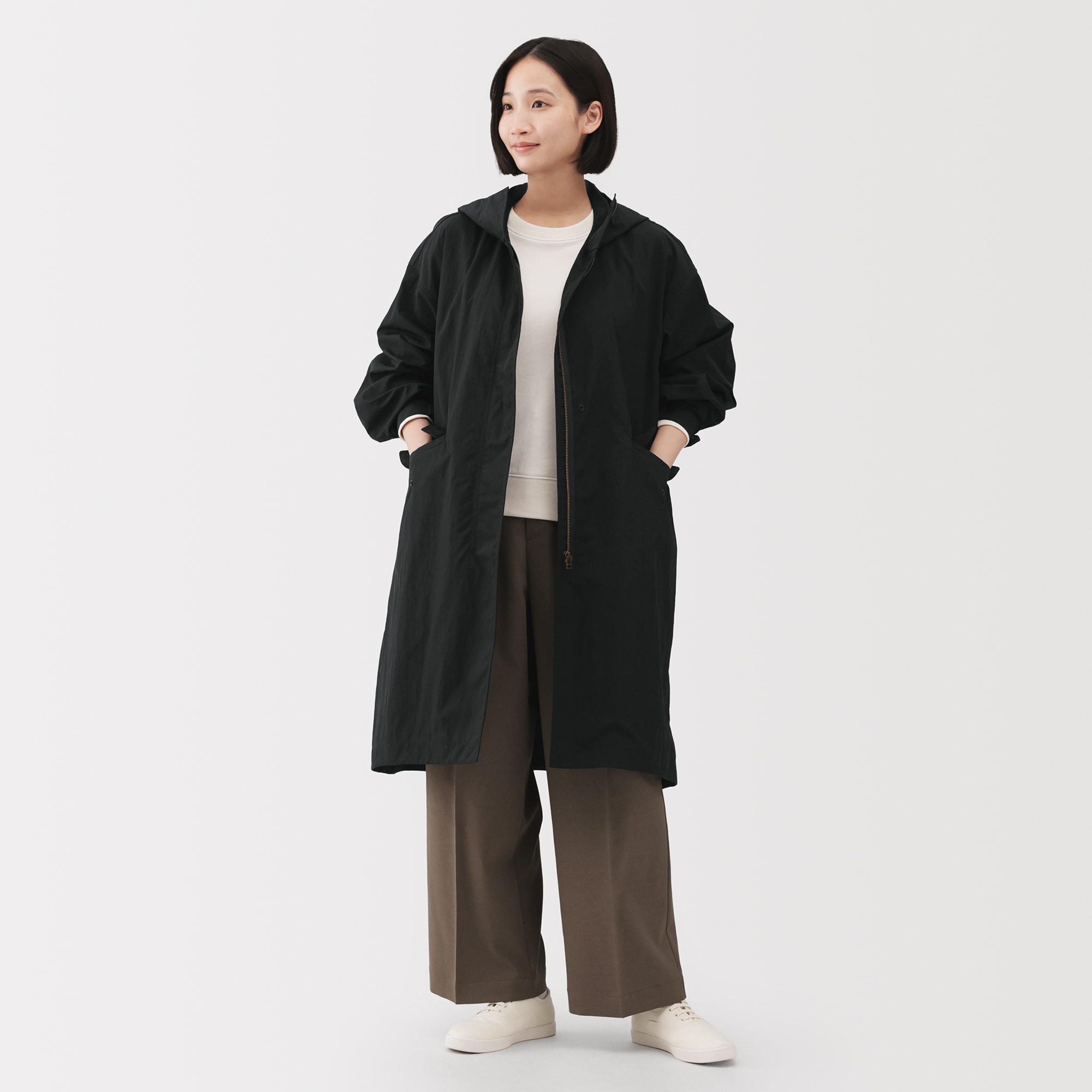 無印　ネイビー フード付き ロングコート 無印良品 アウター 蒸れにくい 撥水フード付きロングコート