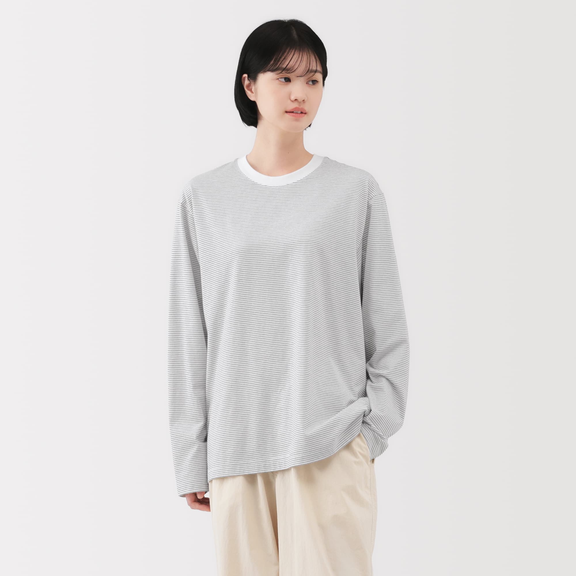 紳士 天竺編みクルーネック長袖Tシャツ（ボーダー） | 無印良品