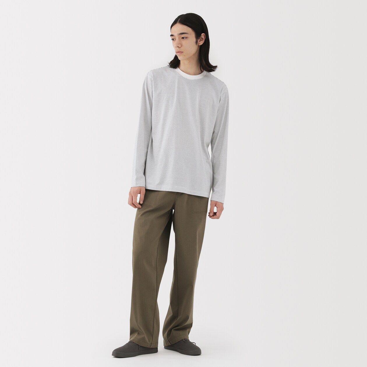 紳士　天竺編みクルーネック長袖Ｔシャツ（ボーダー）