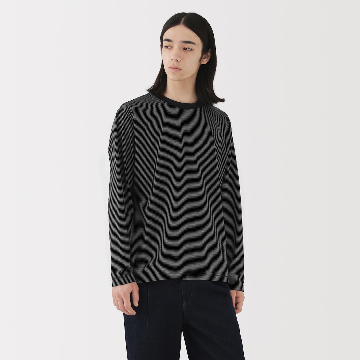 紳士　天竺編みクルーネック長袖Ｔシャツ（ボーダー）