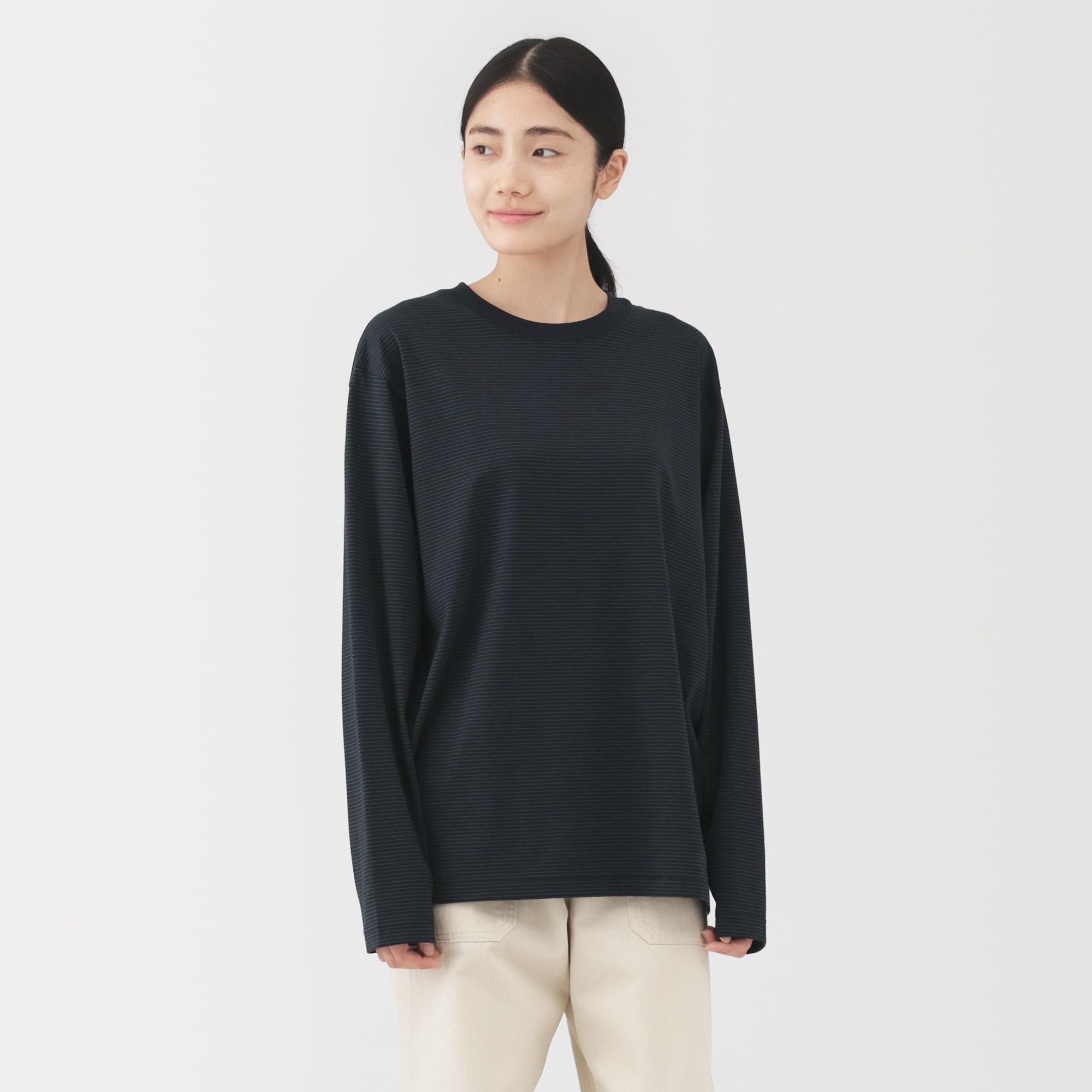 紳士　天竺編みクルーネック長袖Ｔシャツ（ボーダー）