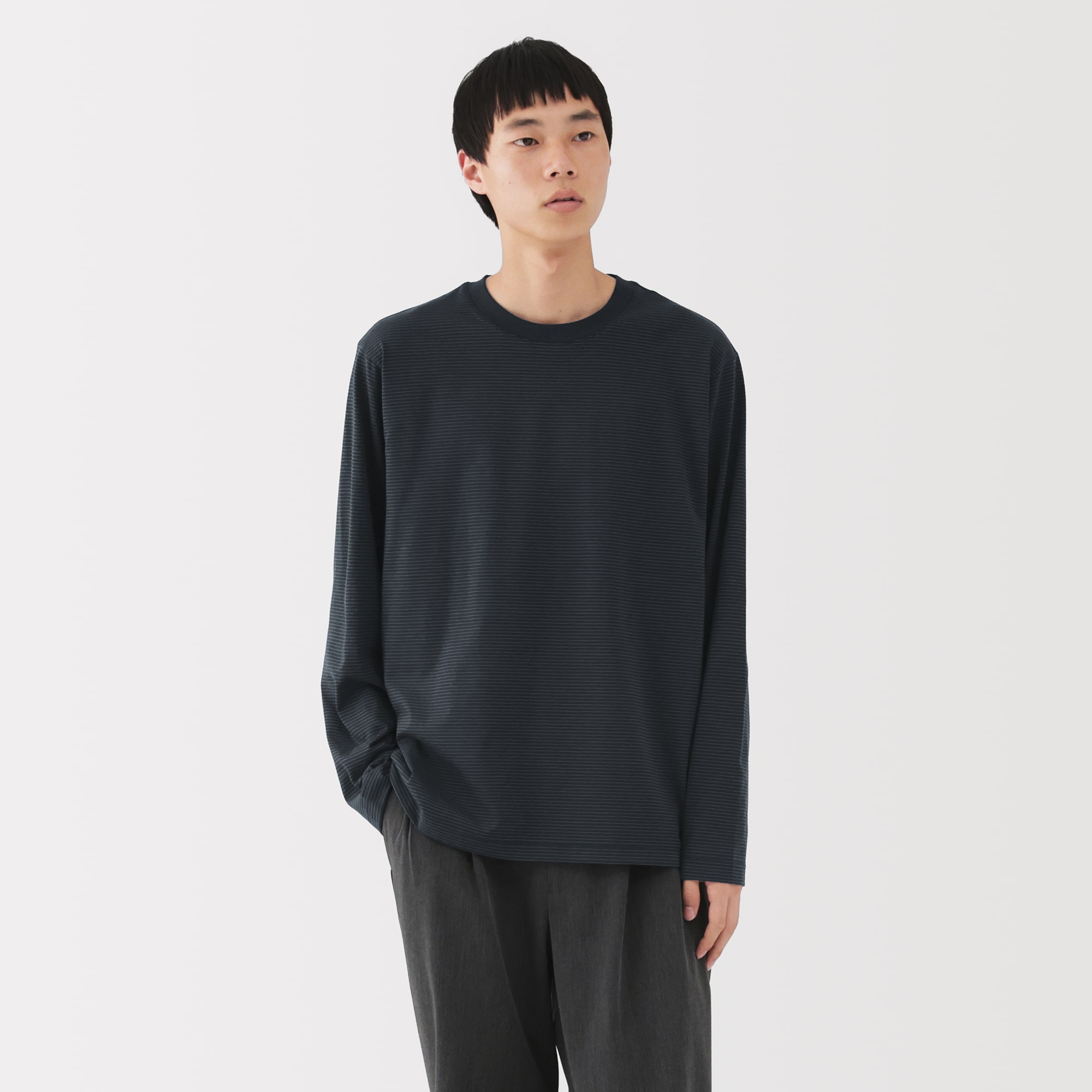 紳士 天竺編みクルーネック長袖Tシャツ（ボーダー） | 無印良品