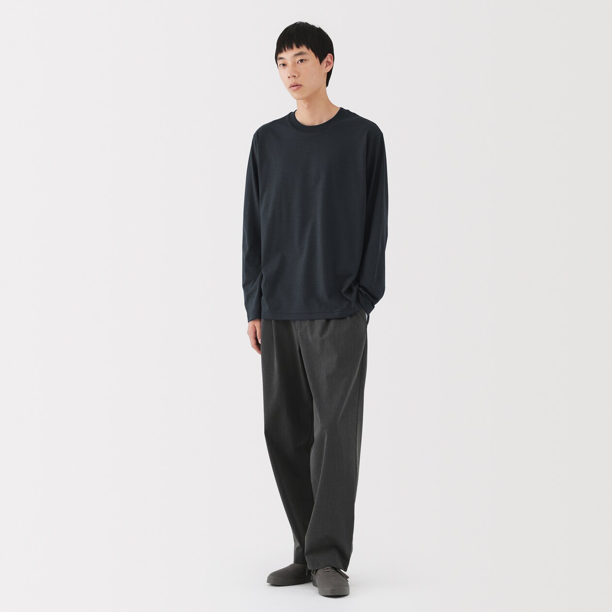 紳士　天竺編みクルーネック長袖Ｔシャツ（ボーダー）