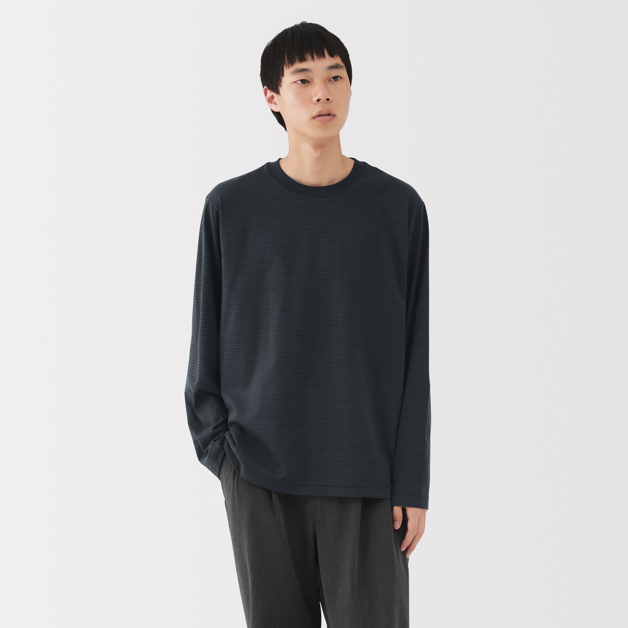 紳士　天竺編みクルーネック長袖Ｔシャツ（ボーダー）