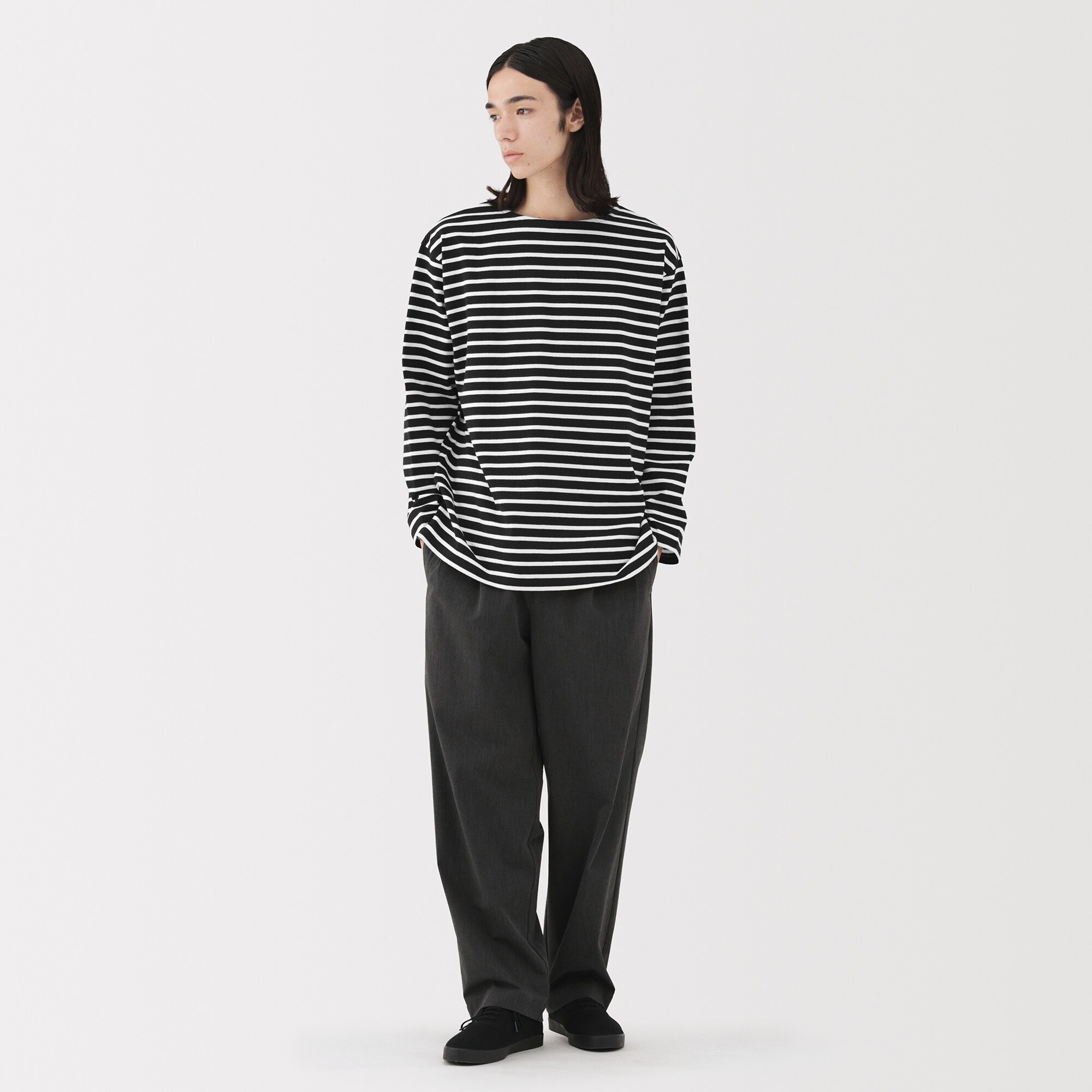 紳士　洗いざらし太番手ボートネック九分袖Ｔシャツ