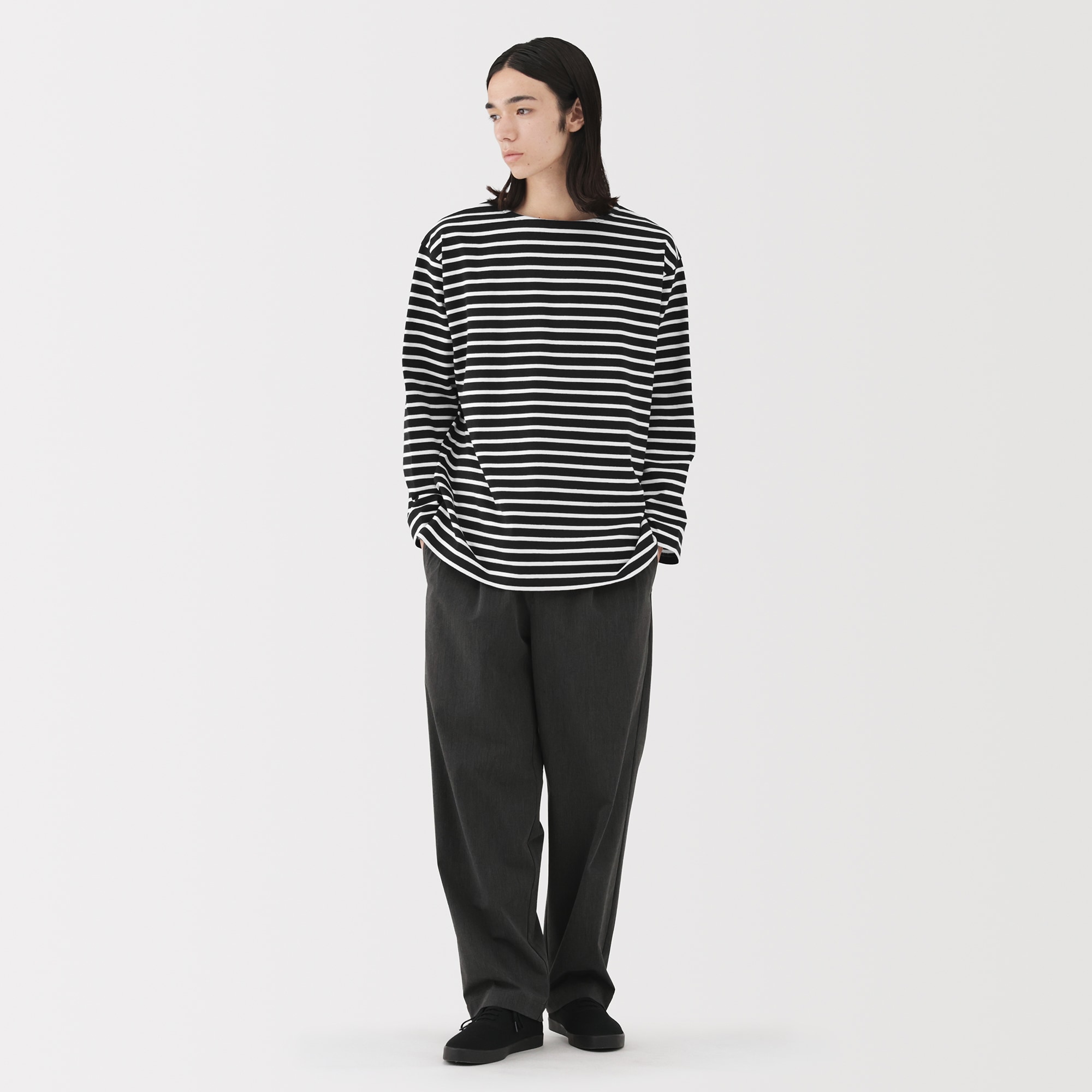 紳士　洗いざらし太番手ボートネック九分袖Ｔシャツ