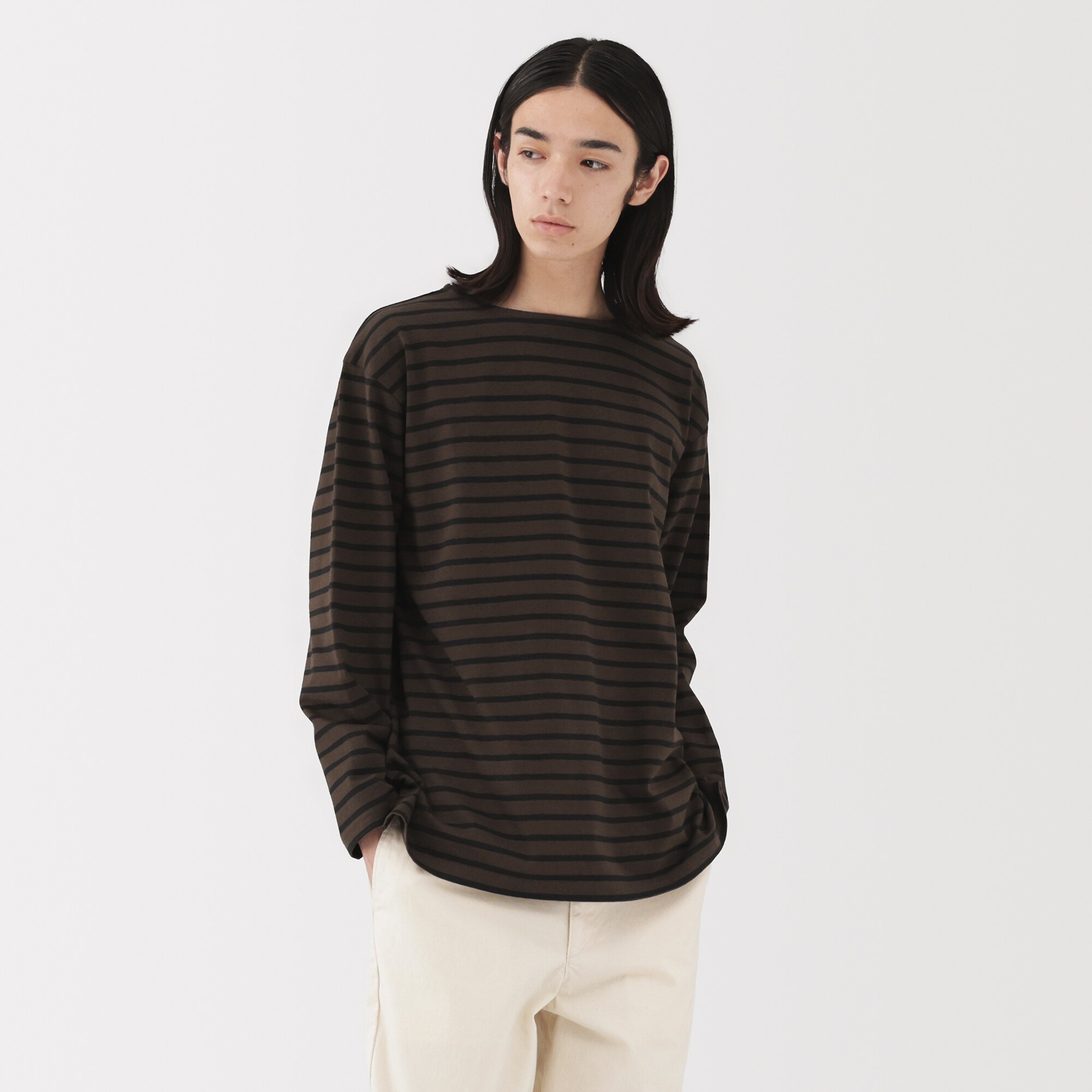 紳士　洗いざらし太番手ボートネック九分袖Ｔシャツ