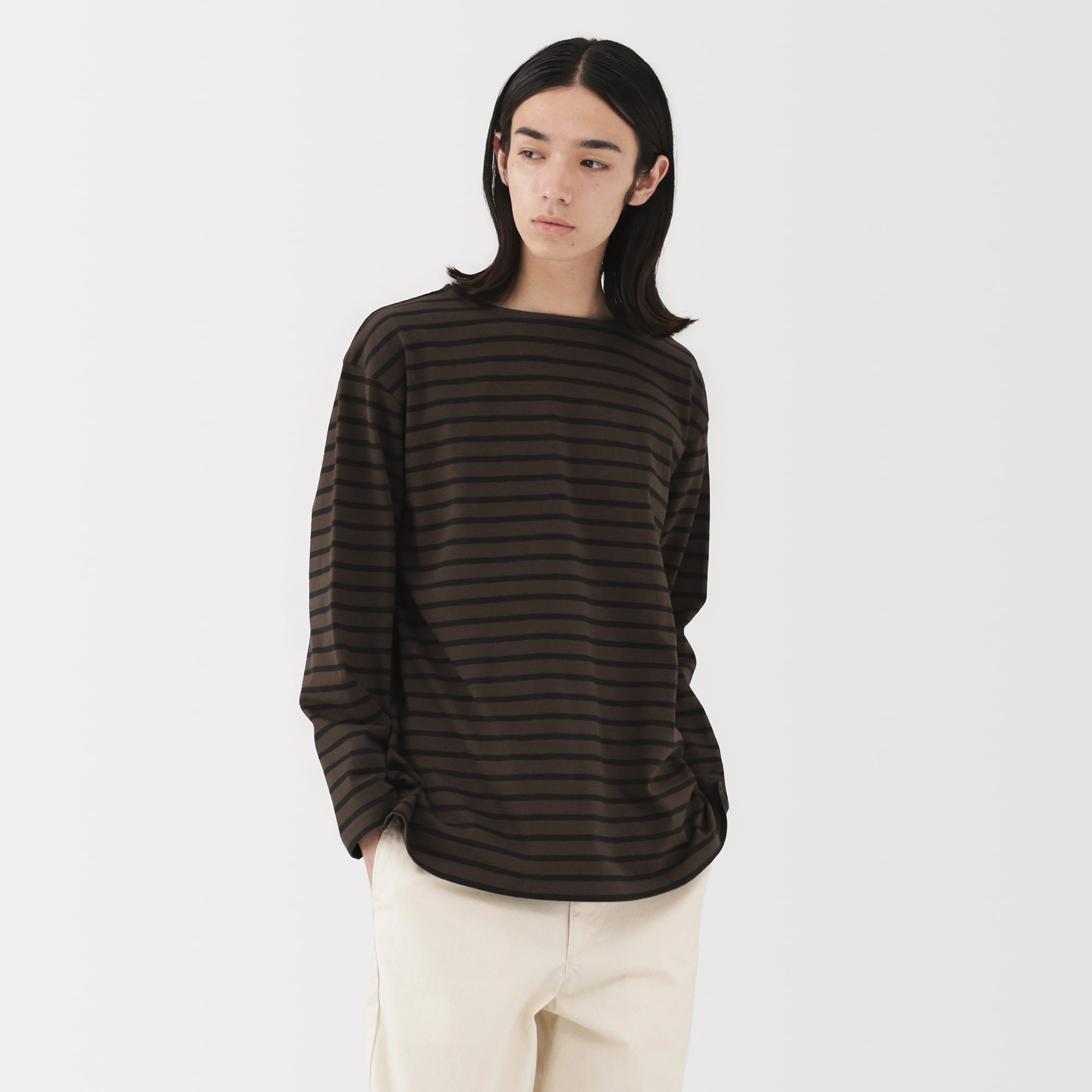 紳士　洗いざらし太番手ボートネック九分袖Ｔシャツ