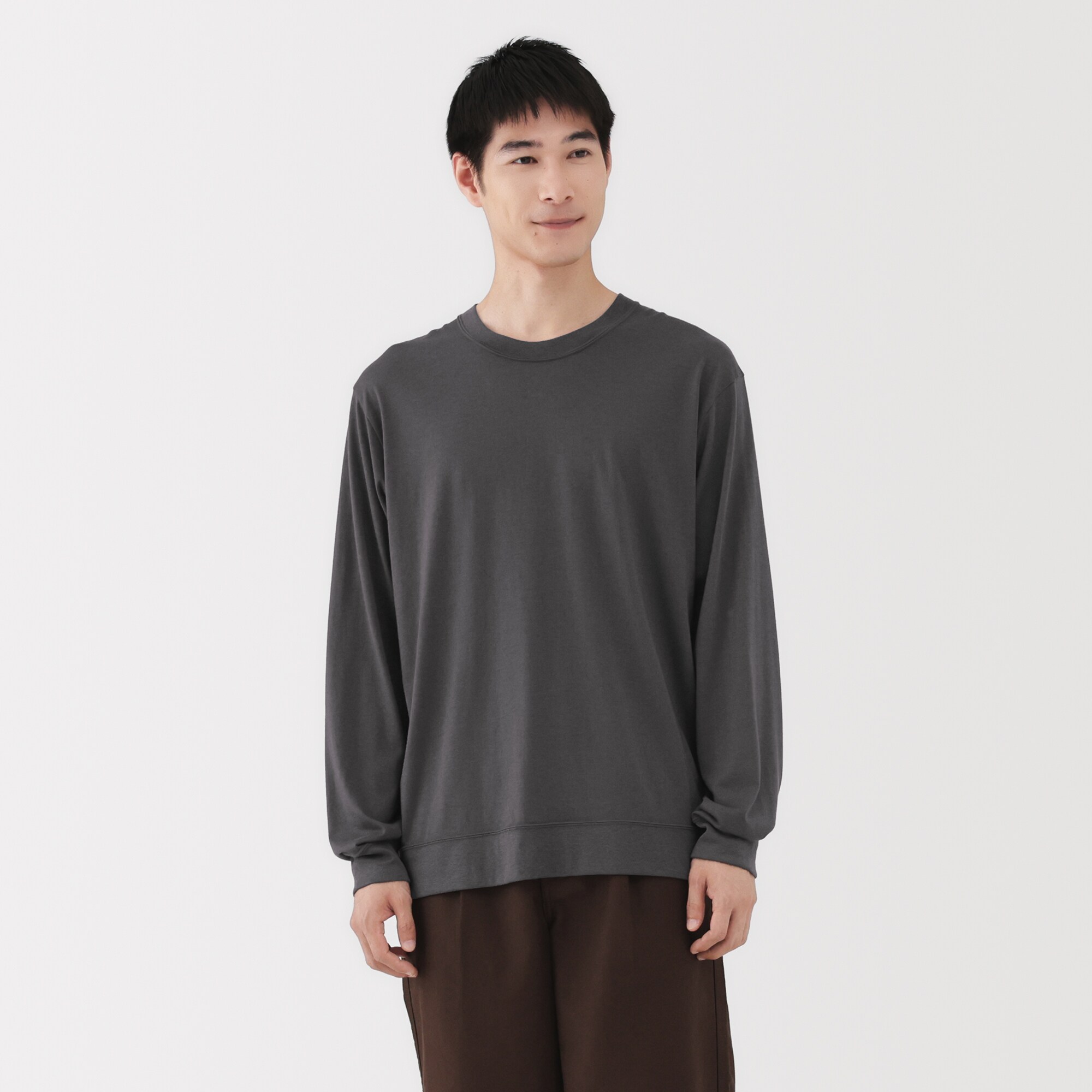 紳士　ウール混天竺編みクルーネック長袖Ｔシャツ