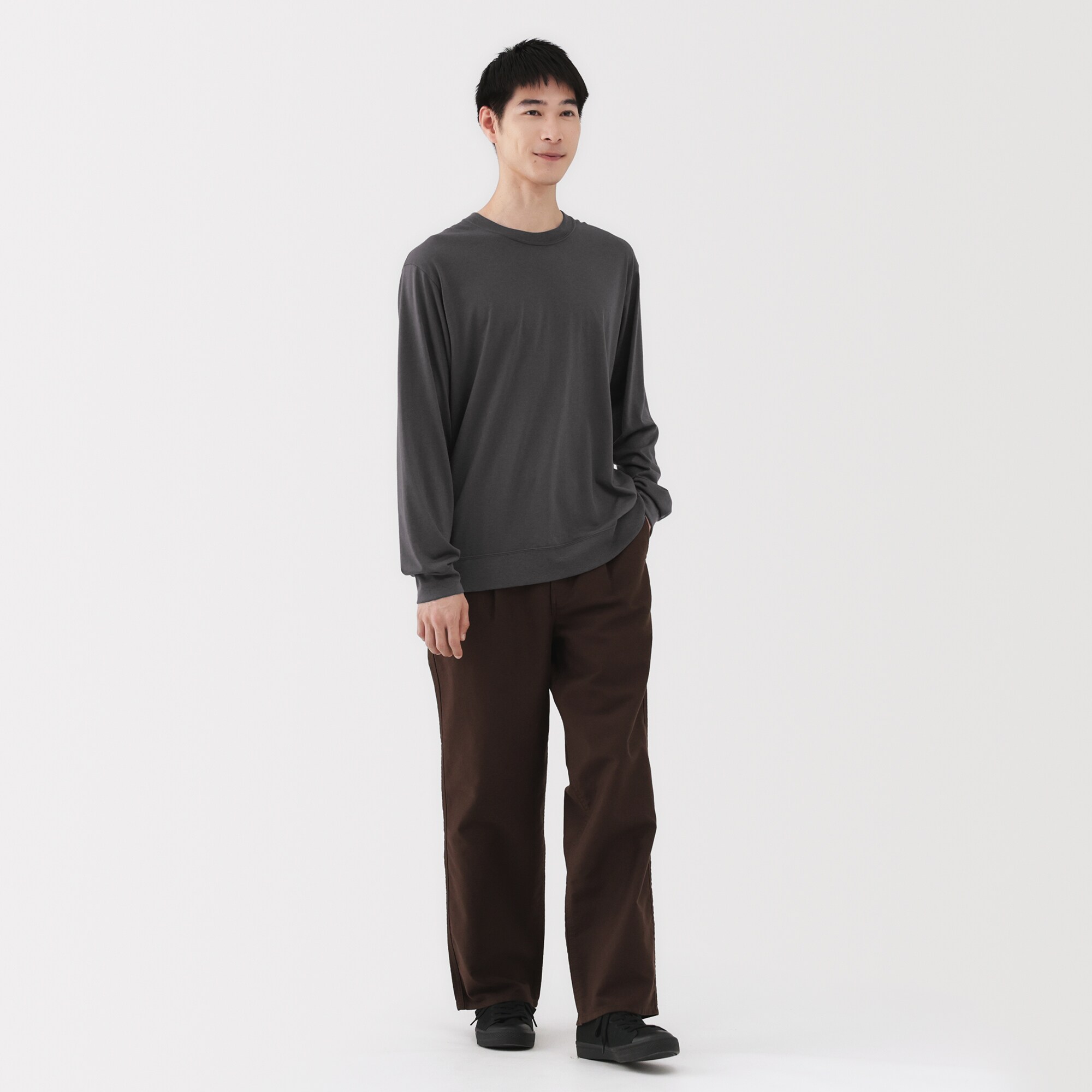 紳士　ウール混天竺編みクルーネック長袖Ｔシャツ