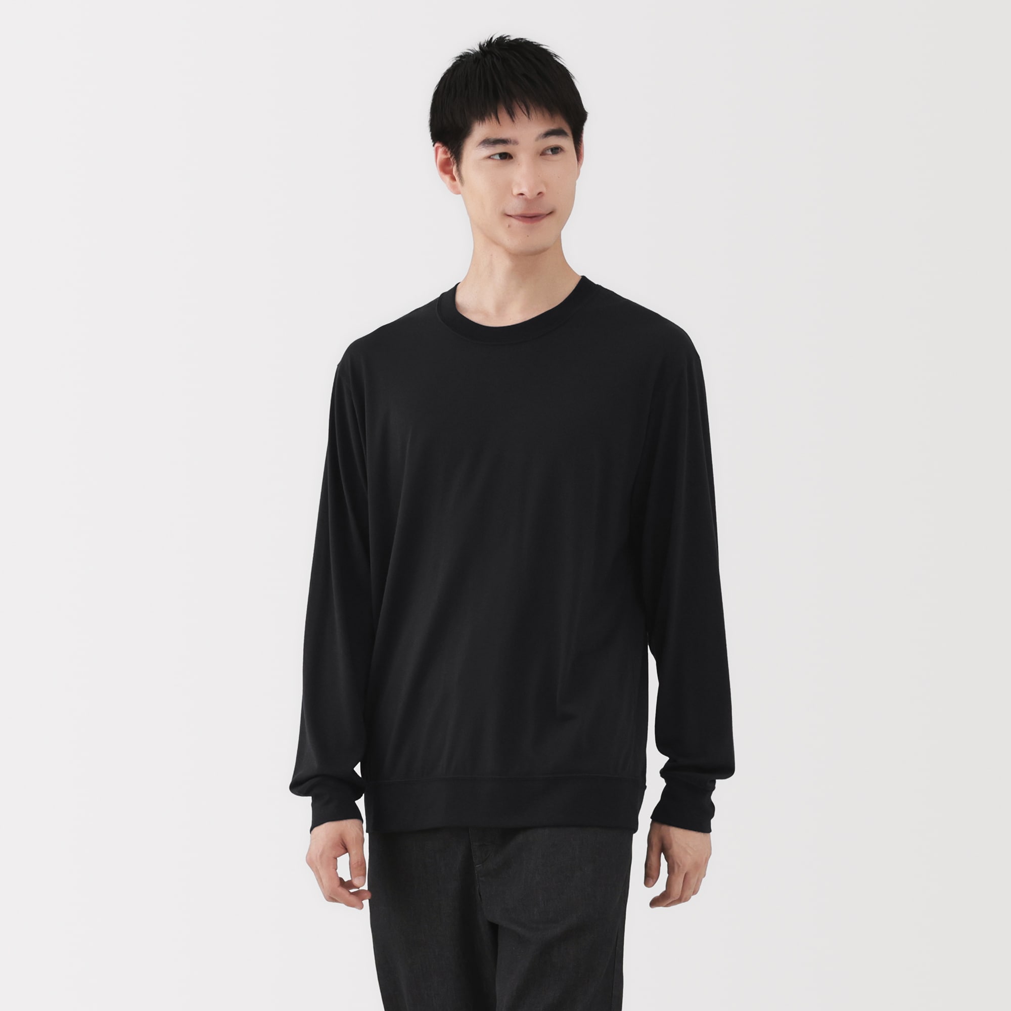 紳士　ウール混天竺編みクルーネック長袖Ｔシャツ