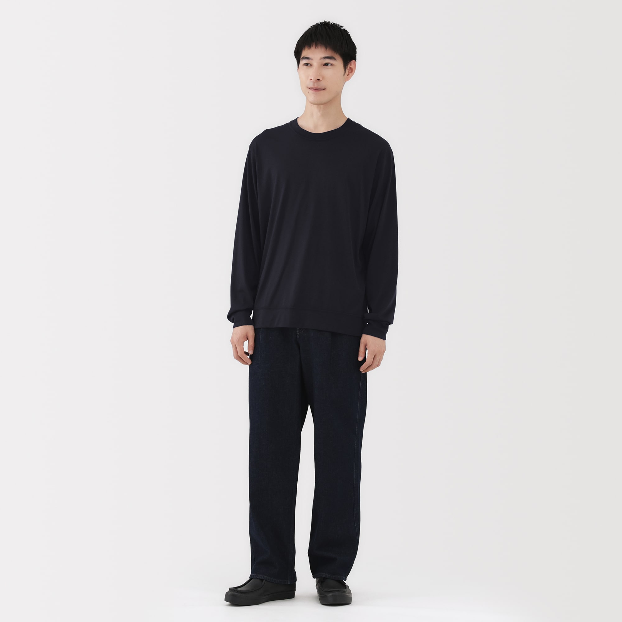 紳士　ウール混天竺編みクルーネック長袖Ｔシャツ