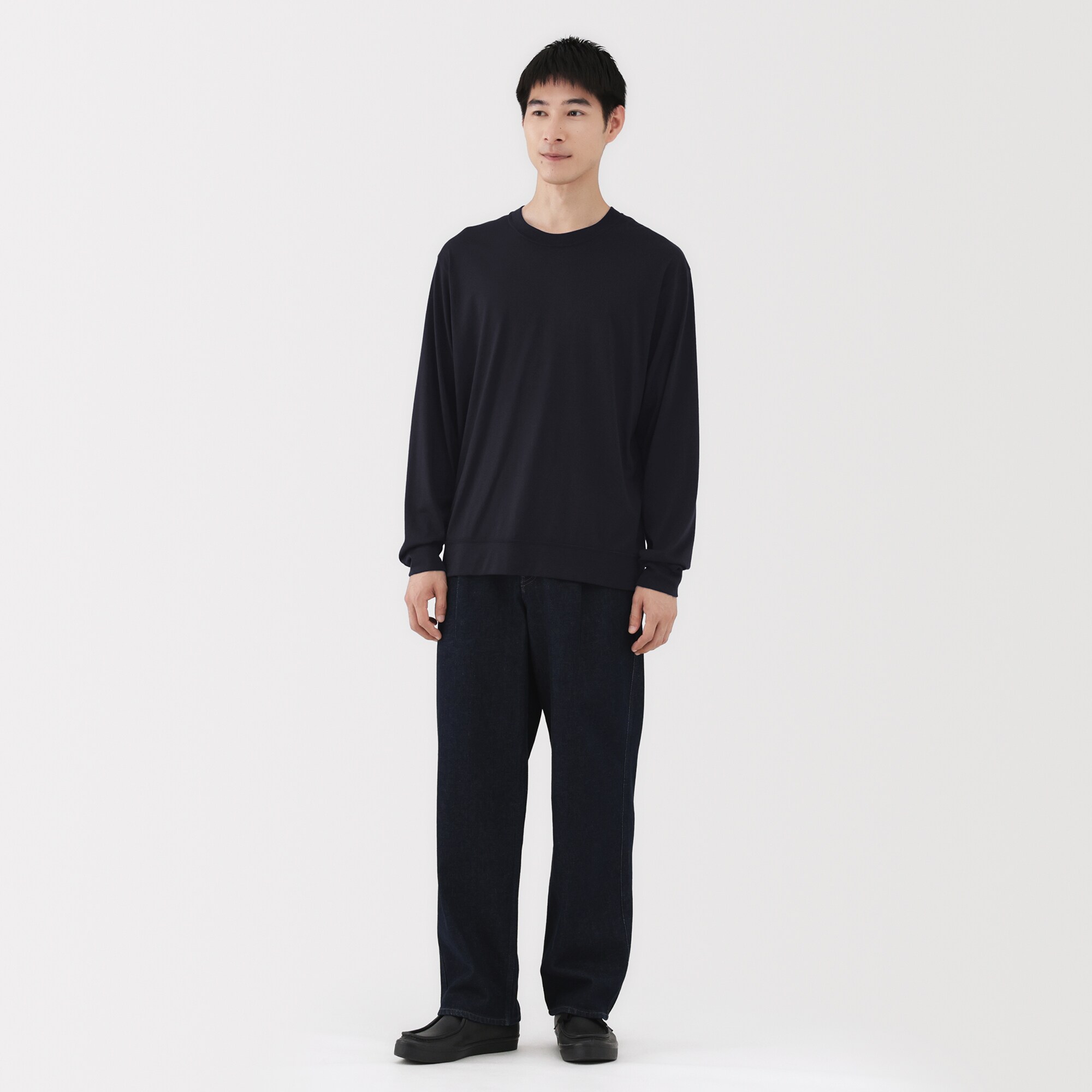 紳士　ウール混天竺編みクルーネック長袖Ｔシャツ