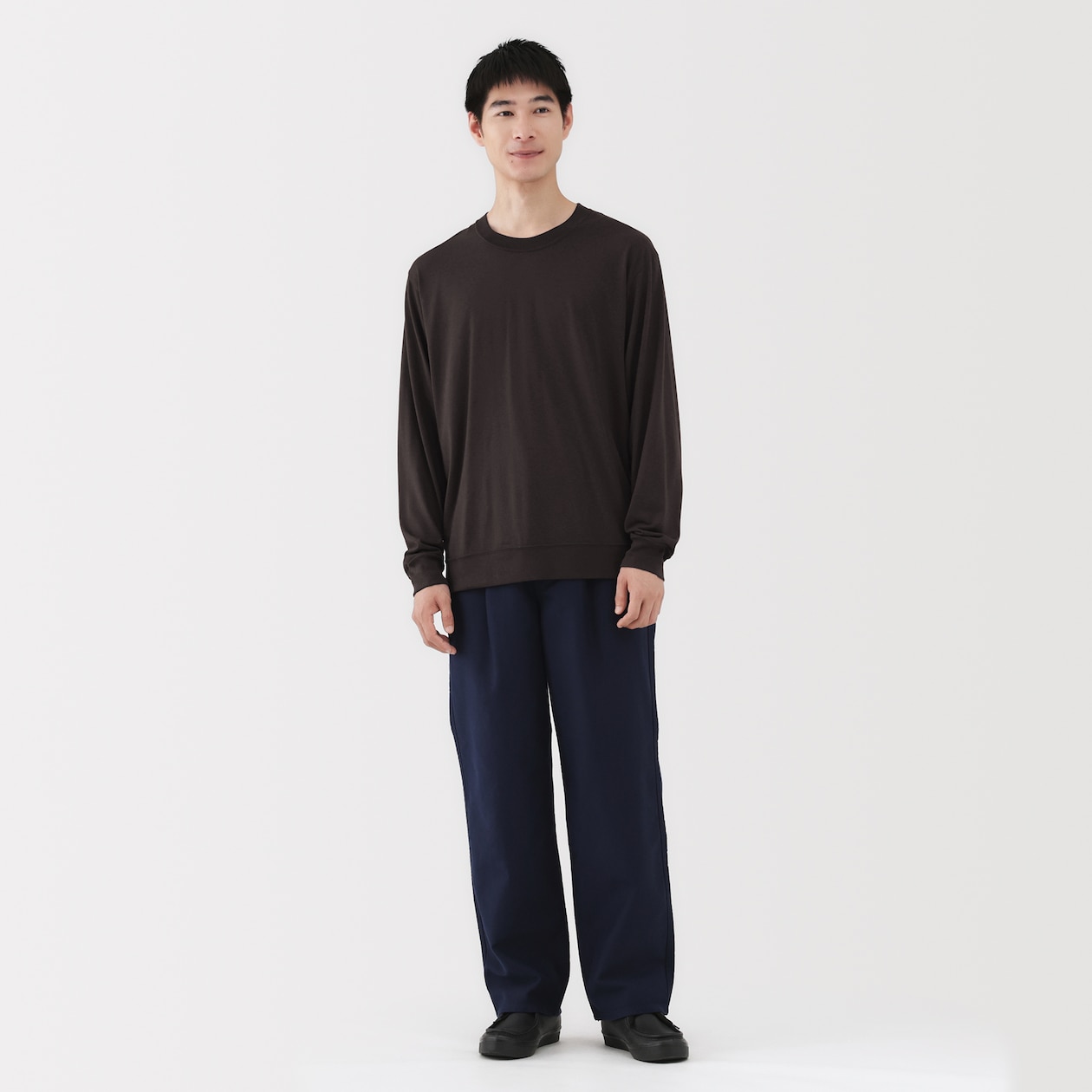 紳士　ウール混天竺編みクルーネック長袖Ｔシャツ