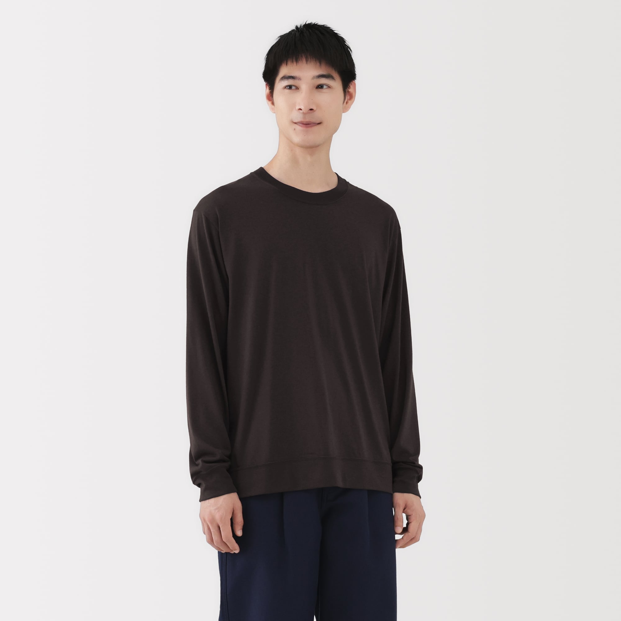 紳士　ウール混天竺編みクルーネック長袖Ｔシャツ