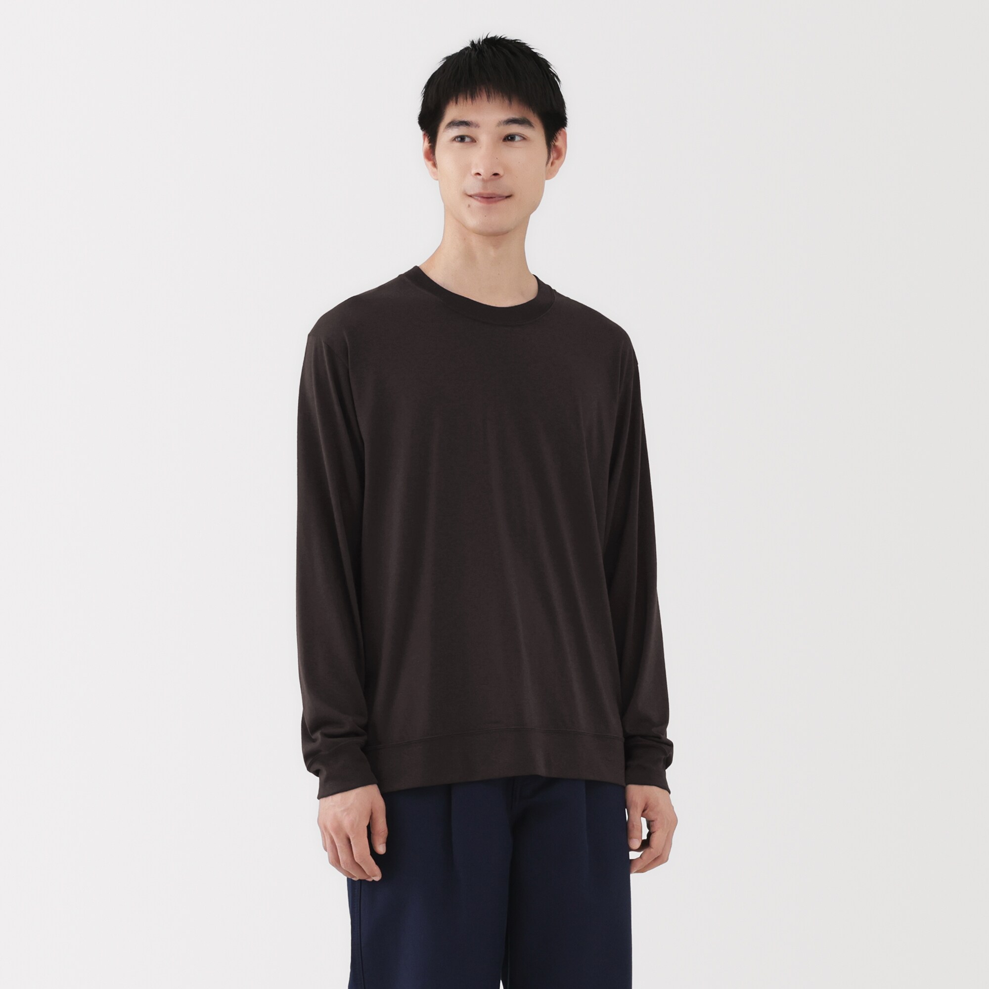 紳士　ウール混天竺編みクルーネック長袖Ｔシャツ