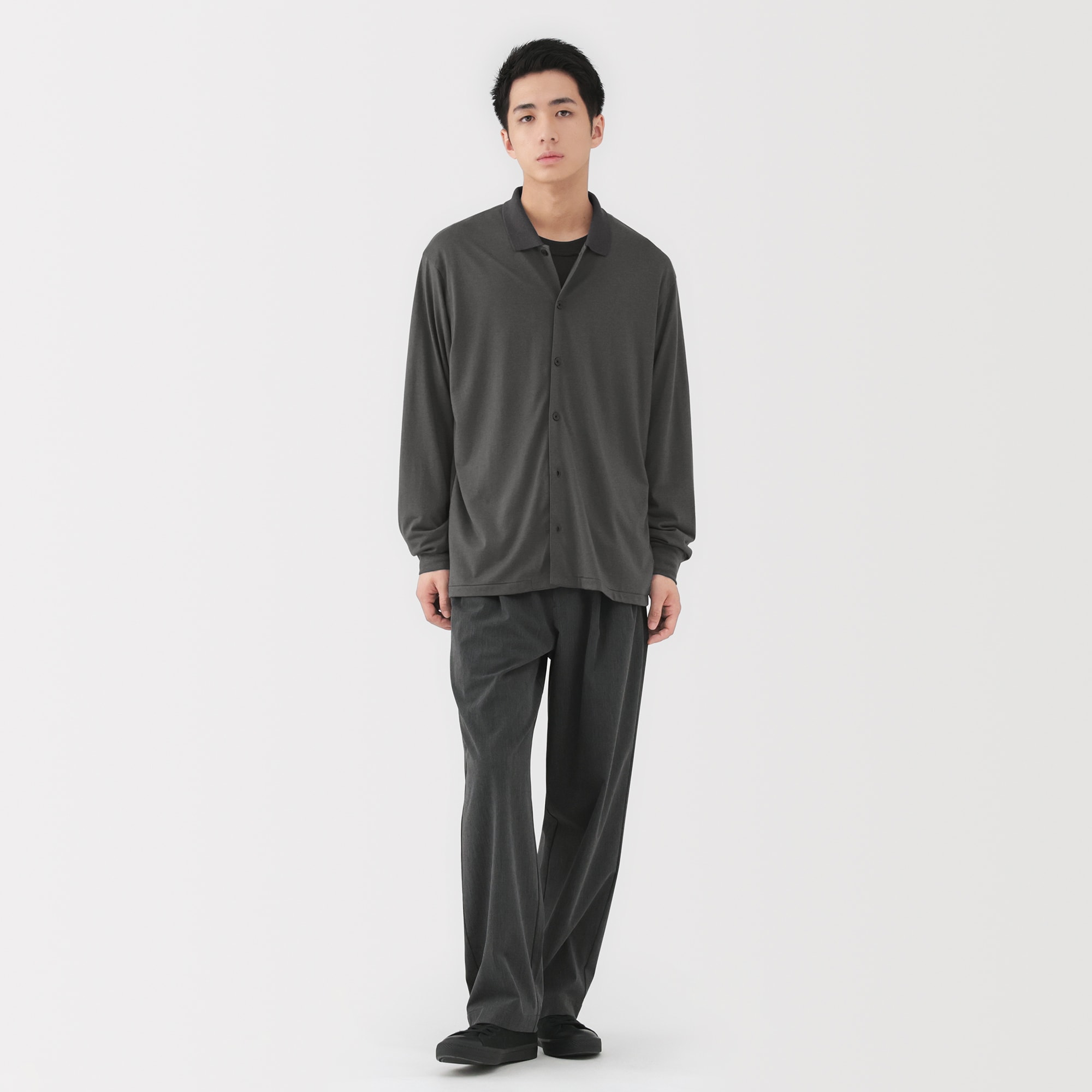 紳士　ウール混天竺編みシャツカーディガン