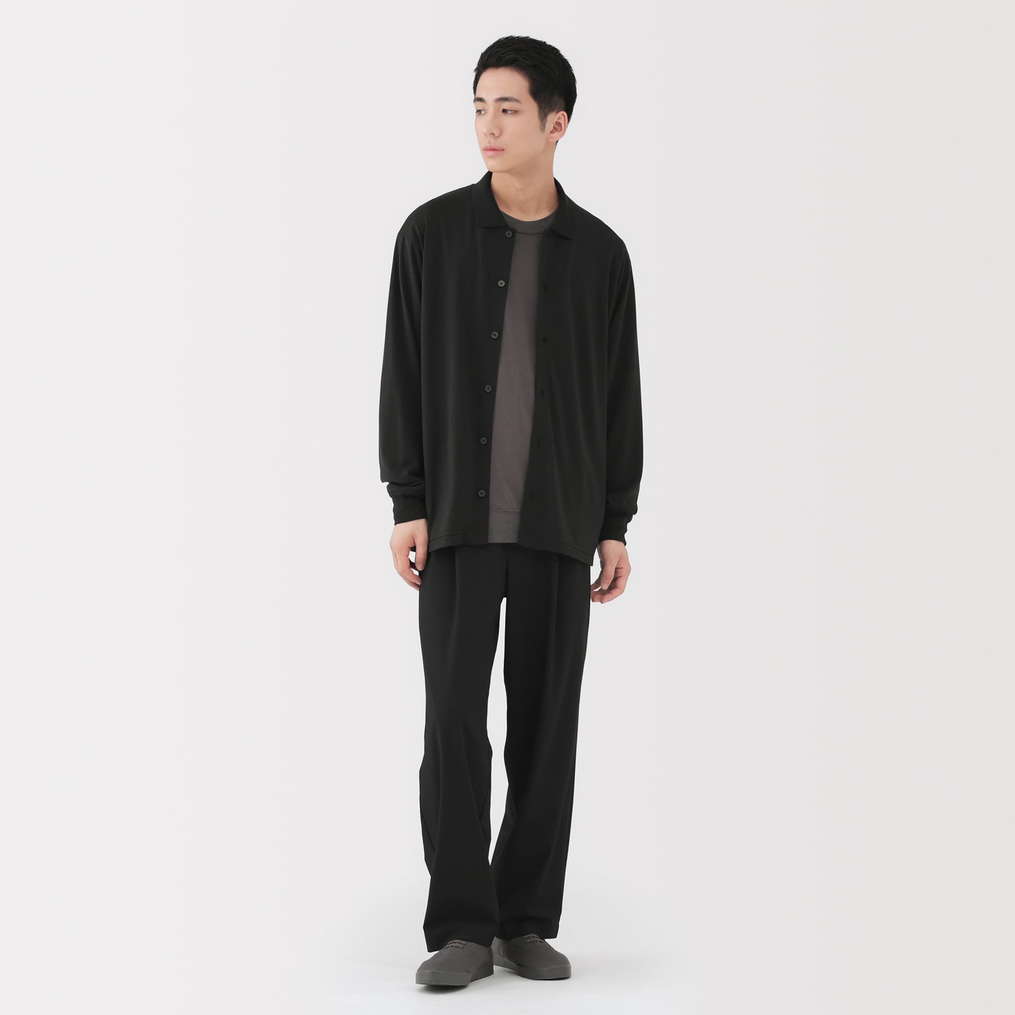 紳士　ウール混天竺編みシャツカーディガン