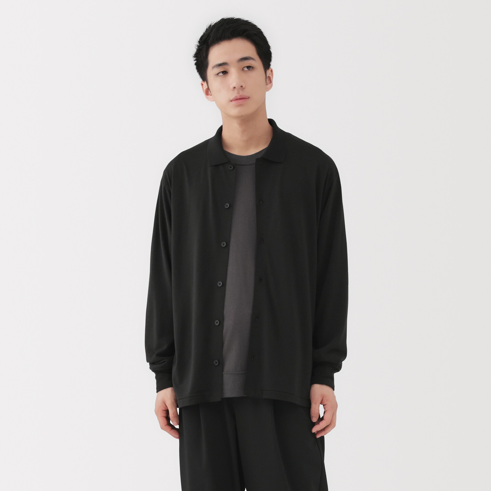 紳士　ウール混天竺編みシャツカーディガン