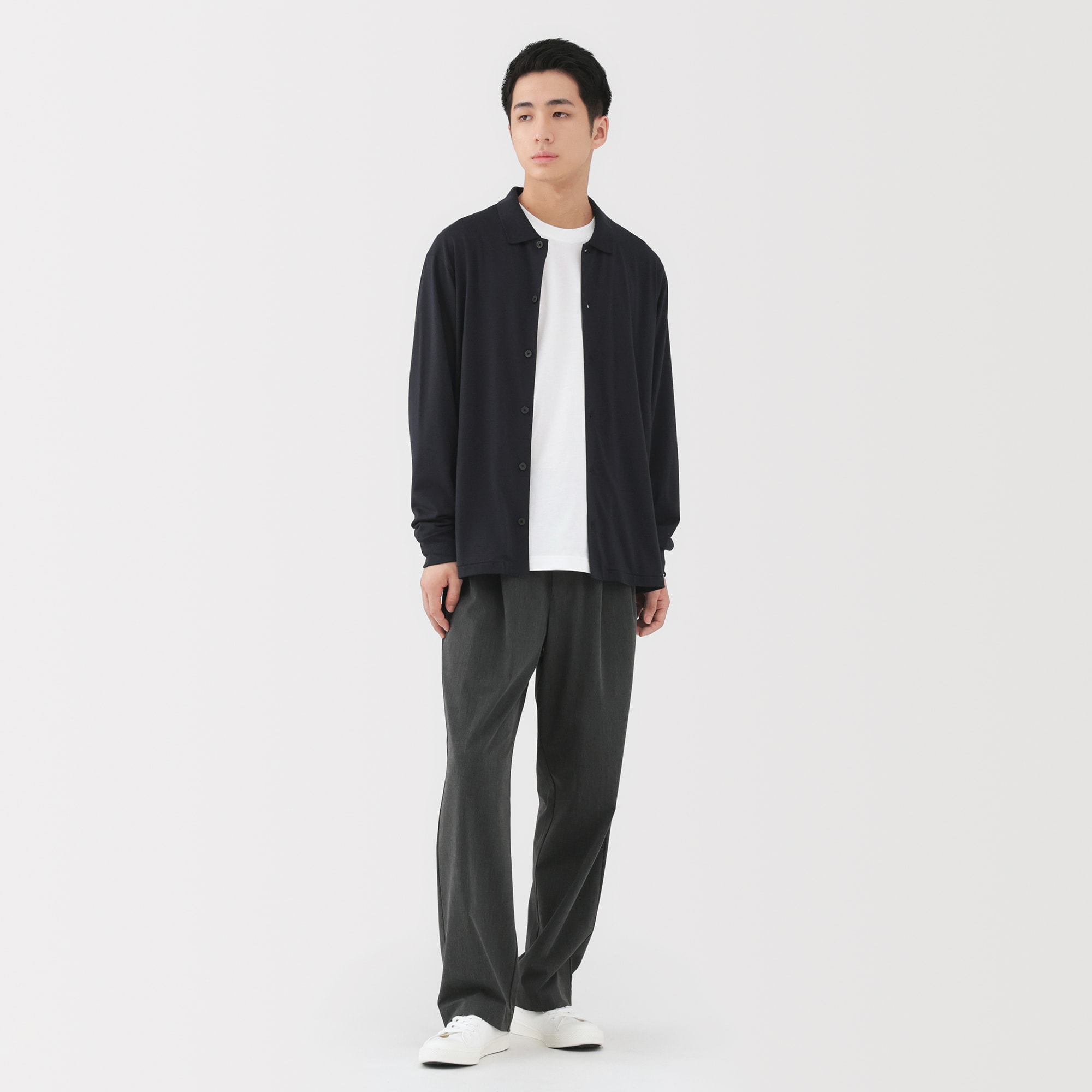 紳士　ウール混天竺編みシャツカーディガン