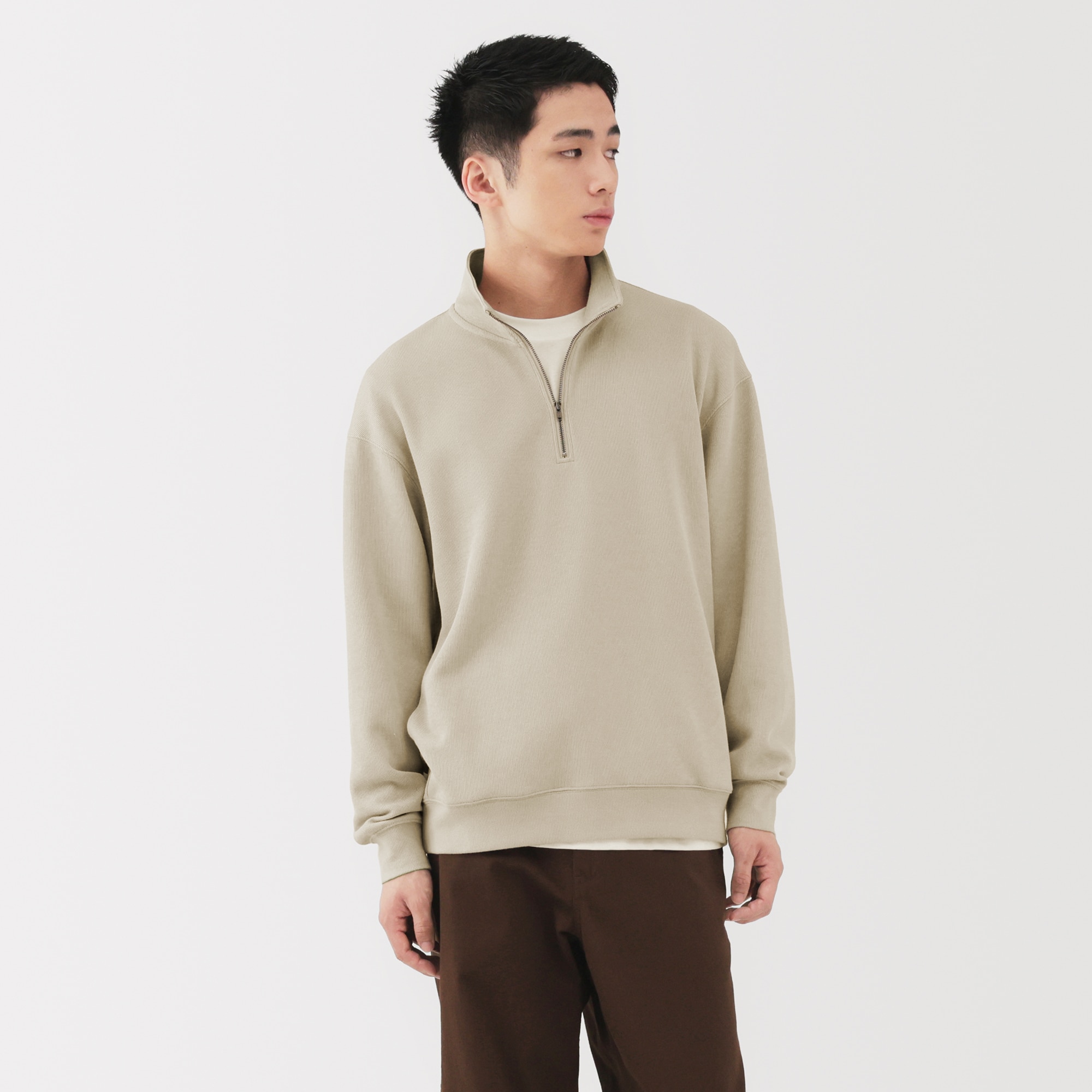 紳士　二重編みハーフジッププルオーバー