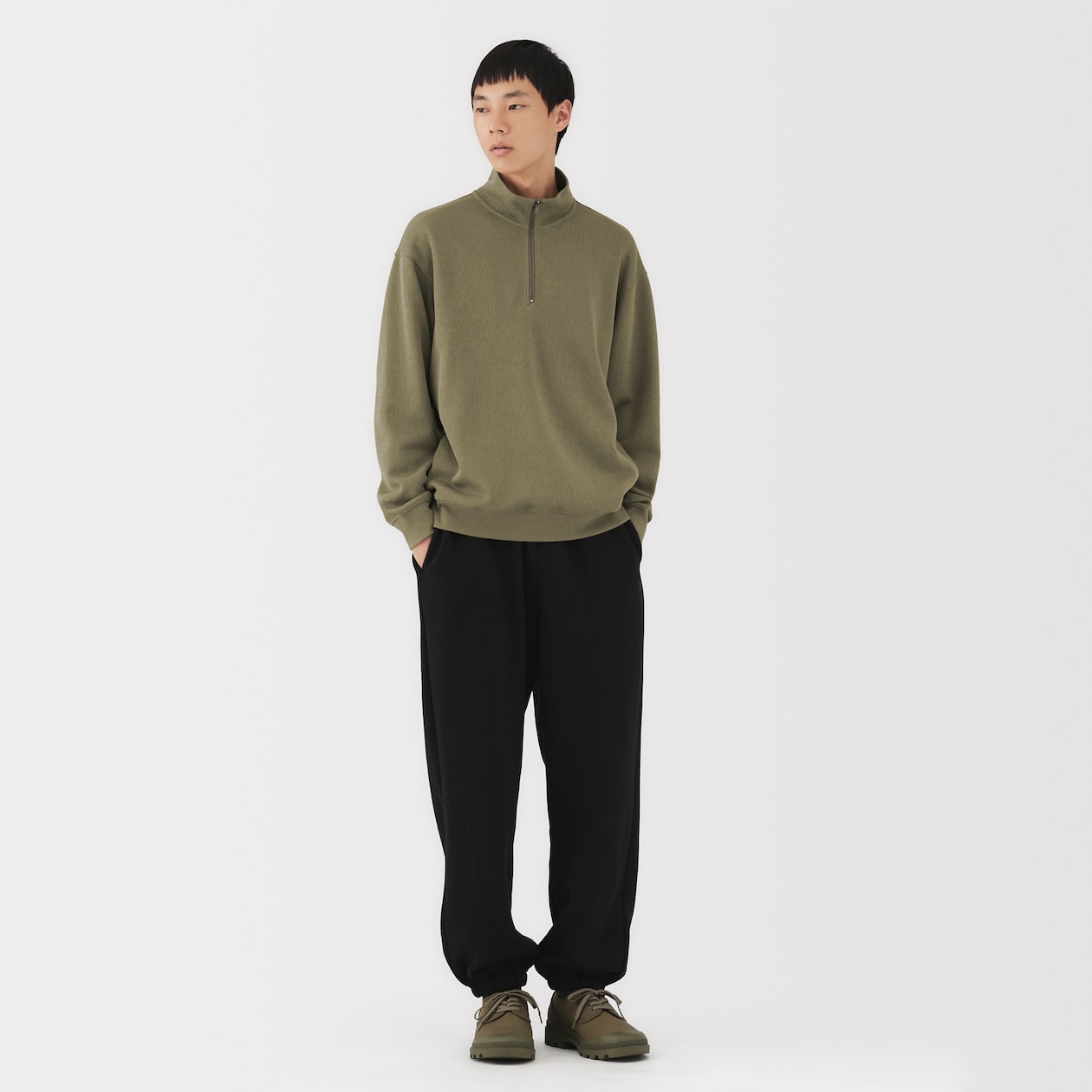 紳士　二重編みハーフジッププルオーバー