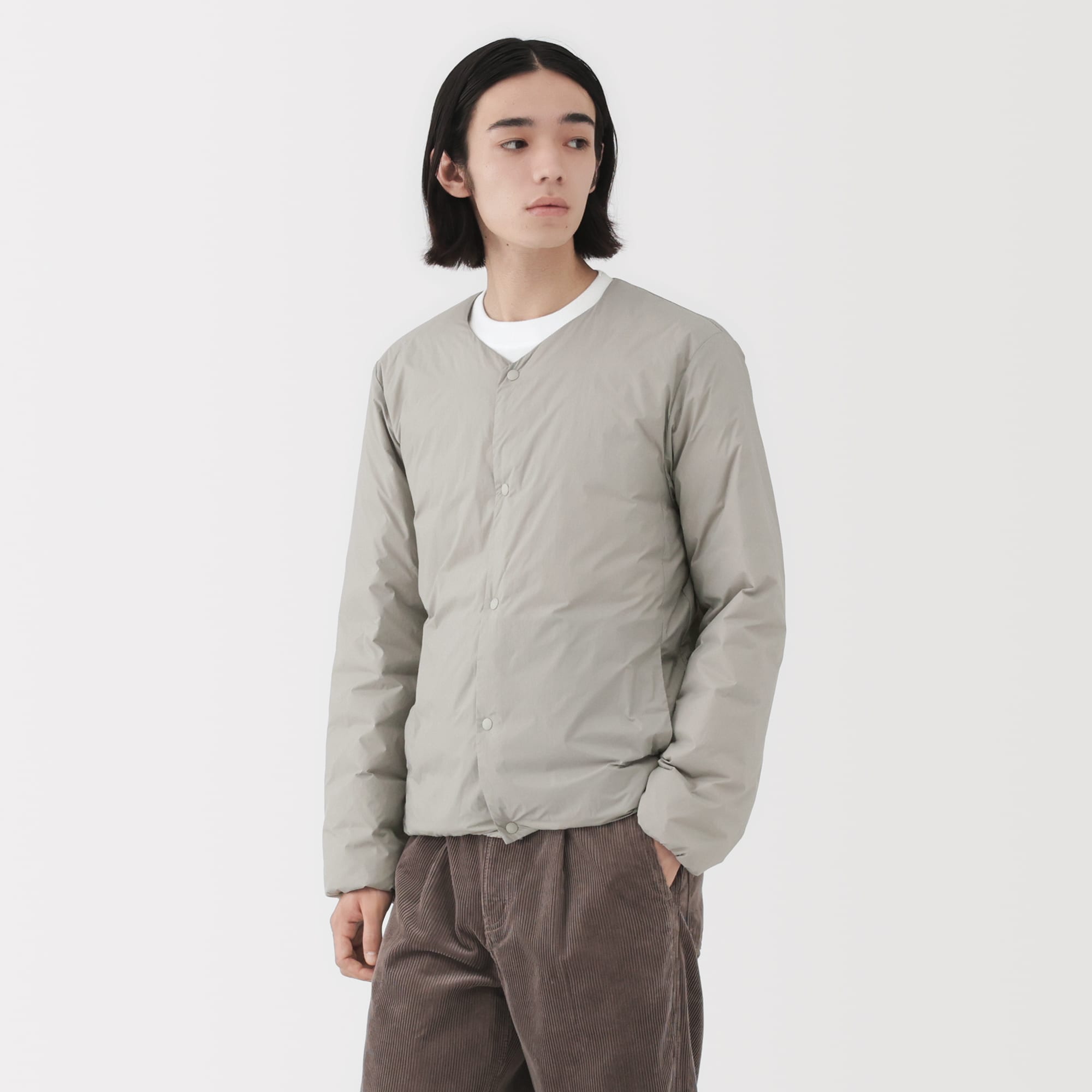 紳士　軽量ダウンポケッタブルノーカラージャケット