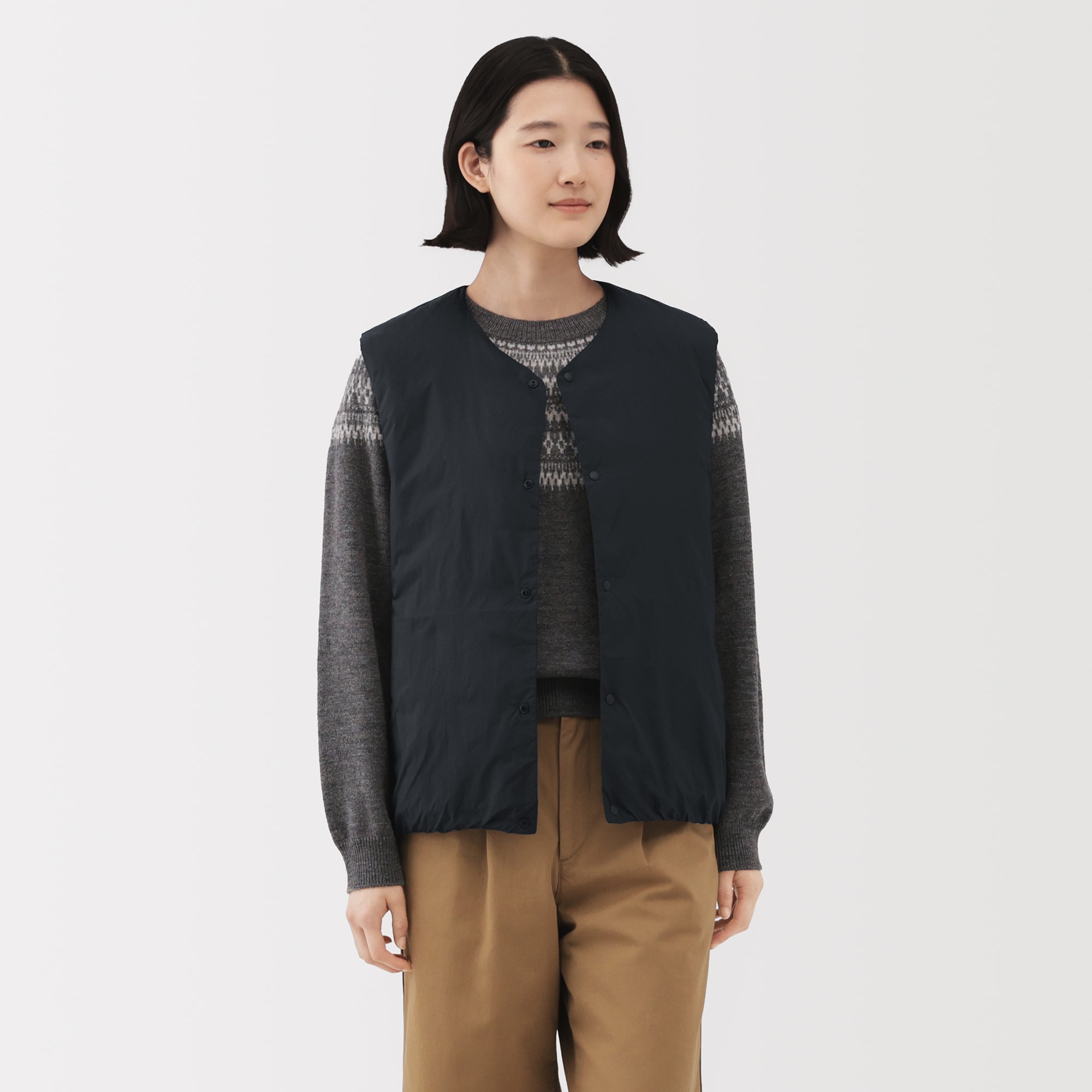 紳士 軽量ダウンポケッタブルノーカラーベスト | 無印良品